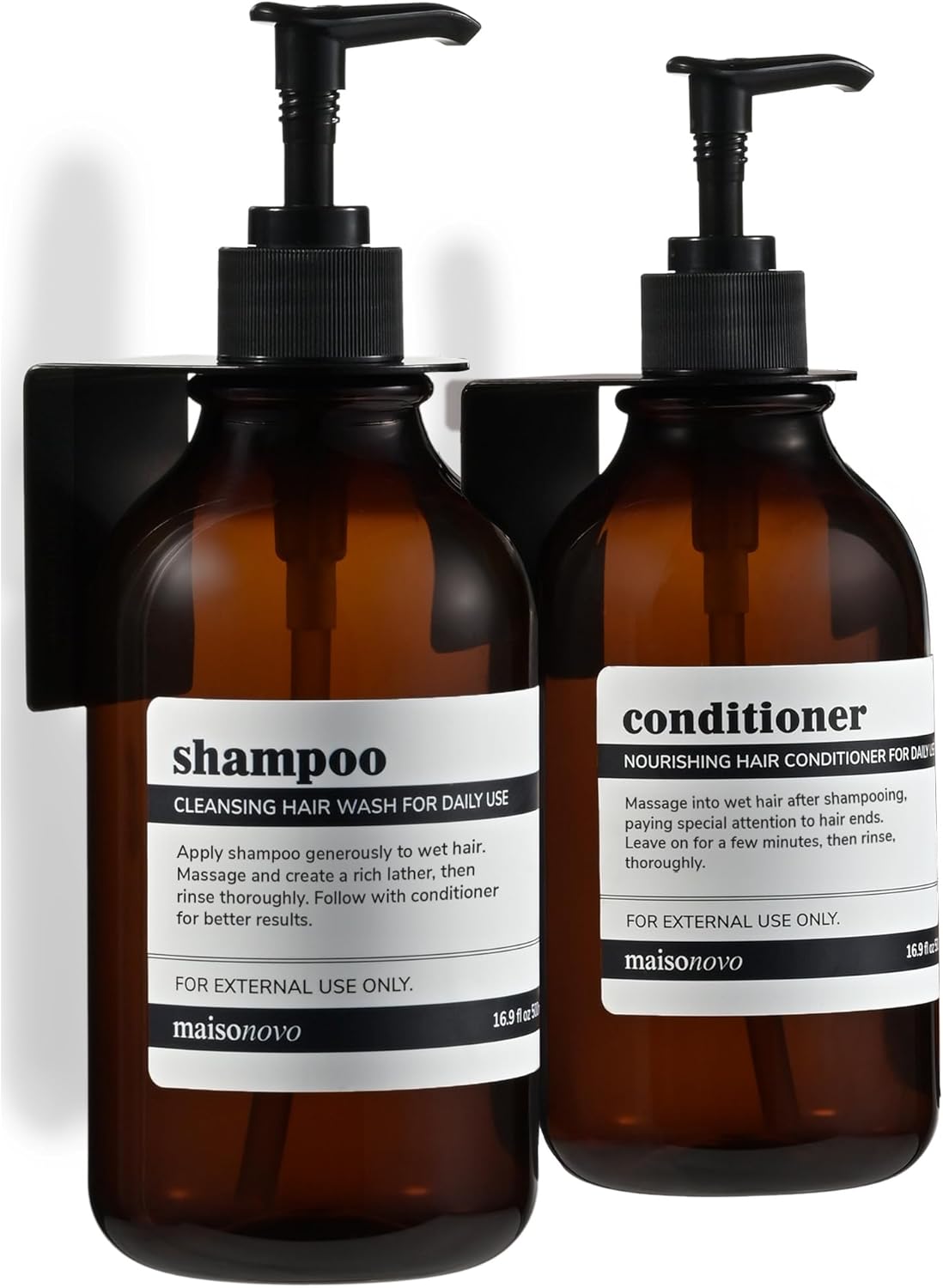 MaisoNovo Shampoo and Conditioner Dispenser - Shower Soap Dispenser Wall Mounted - 16.9 fl oz Set of 2 Amber Plastic Bottles Black Pump - Shampoo Dispenser, Shower Dispenser 2 Chamber No Drill