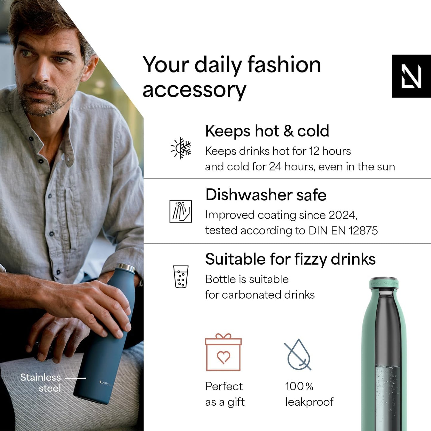 LARS NYSØM Stainless Steel Insulated Water Bottle 12oz 17oz 25oz 34oz 51oz | Insulated Thermo Flask for Hot and Cold Beverages | Leakproof Drinking Bottle (Aqua Turquoise, 33.9 oz)