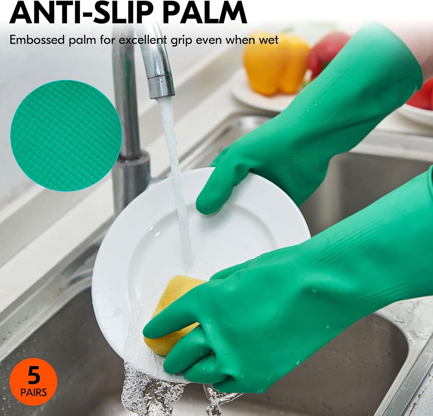 Vgo... 5-Pairs Reusable Household Gloves, Rubber Dishwashing gloves, Extra Thickness, Long Sleeves, Kitchen Cleaning, Working, Painting, Gardening, Pet Care (Size XL, Green, HH4601)