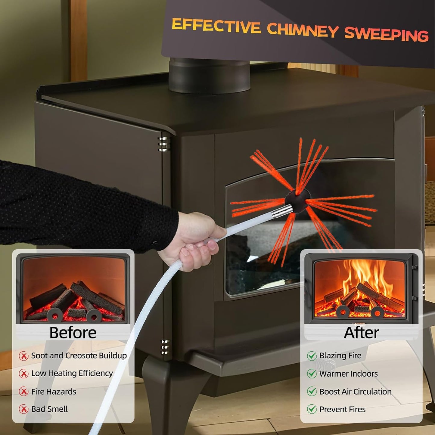 39 Feet Chimney Sweep Kit, Chimney Cleaning Kit with 12 Flexible White Chimney Rods, Chimney Brush for Sweeping Fireplace, Rotary Chimney Cleaning System Driven by Drill