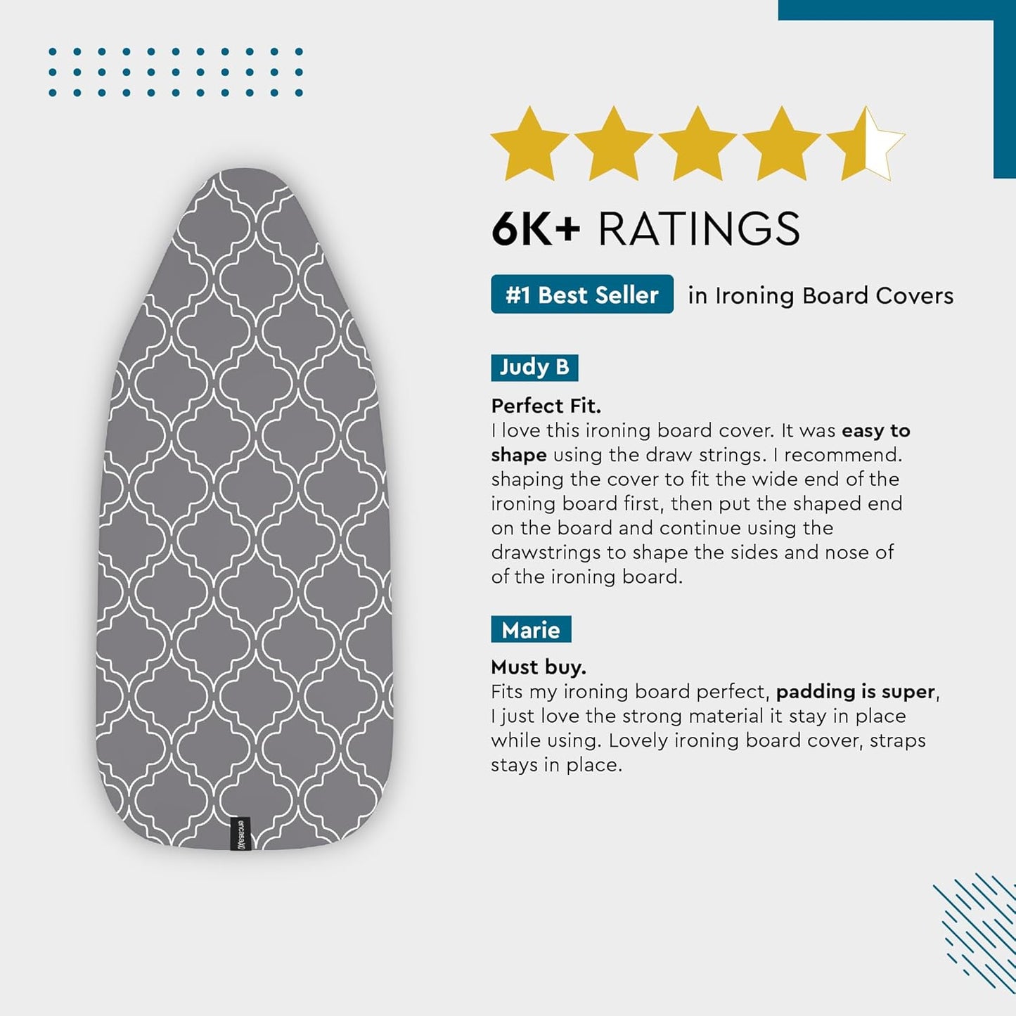 Encasa XO Ironing Board Cover and Pad 42"x14" - Thick 3mm Felt Padding, Drawstring Tightening & Lock, Easy Fit, Scorch & Stain Resistant, Fits Medium Ironing Board - White Tiles