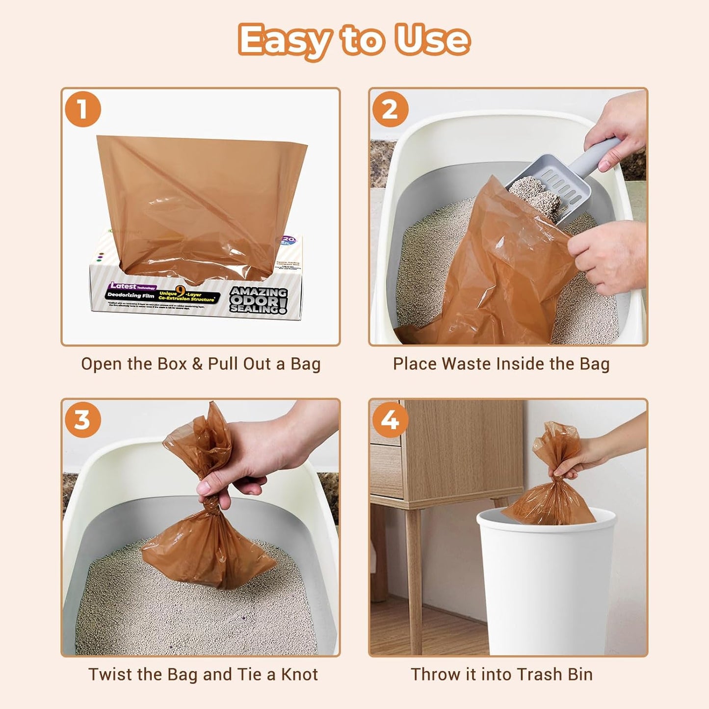 Odor Sealing Small Trash Bags Home & Food Use S-220 Count Disposable Bags, Durable and Unscented (Color:Brown)