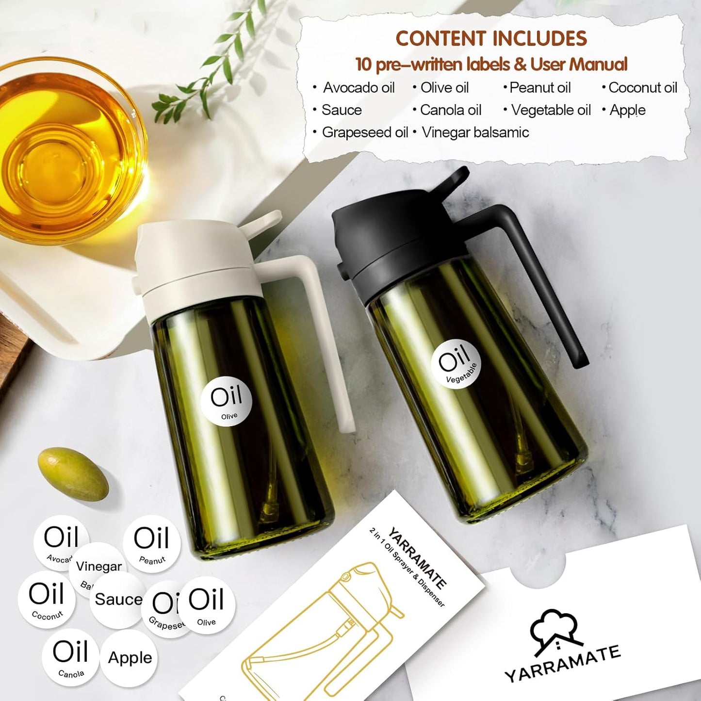 YARRAMATE 16oz/470ml 2PCS Light Blockage Dark Oil Sprayer for Cooking, 2 in 1 Olive Oil Dispenser Bottle for Kitchen, Green Glass Oil Bottle, Food-Grade Oil Mister for Air Fryer, BBQ (Black & White)