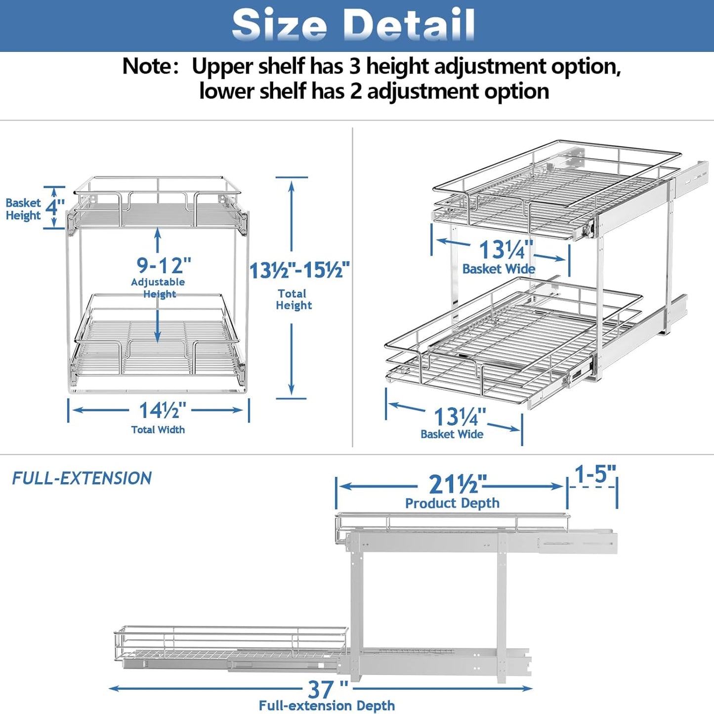 LOVMOR 2 Tier Individual Pull Out Cabinet Organizer 14½" W x 21½" D, Slide Out Kitchen Cabinet Storage Sliding Shelves