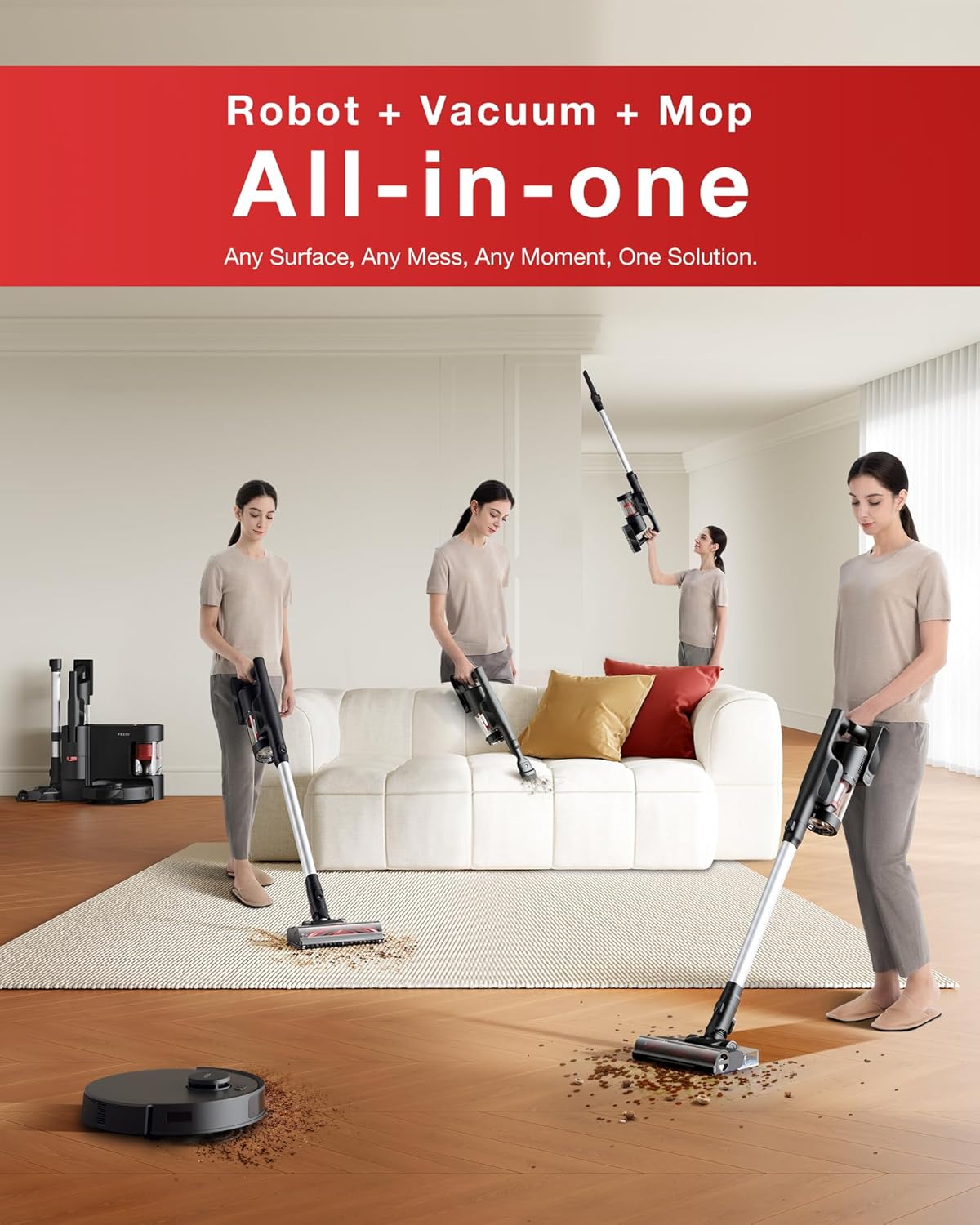 Yeedi C12 Combo Cordless Stick Vacuum & Robot & Mopping, All-in-one Cleaning Combot, with Dual Auto Self-Emptying, 10000Pa Suction & Lightweight, ZeroTangle Brush for Hard Floor, Carpet & Pet Hair