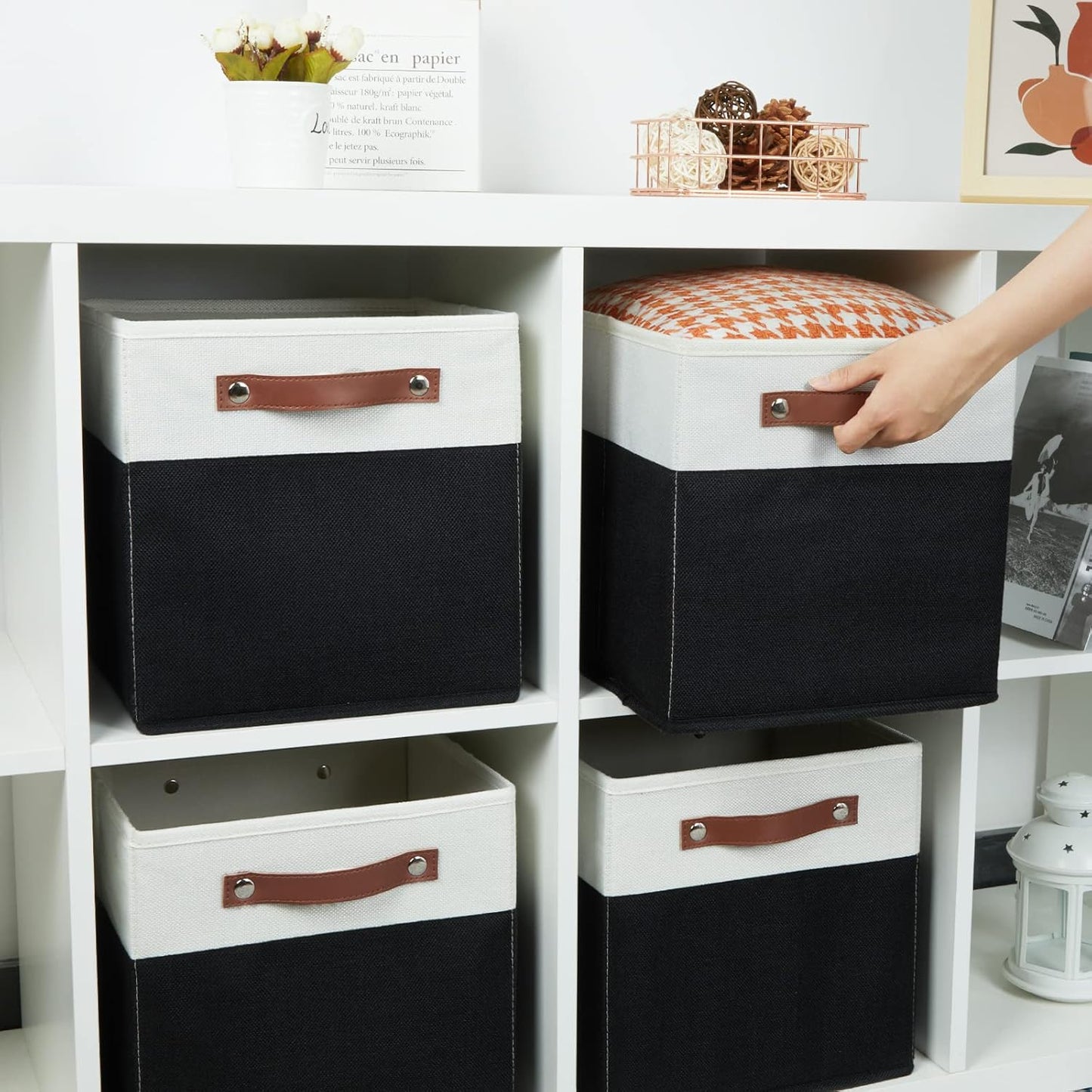 HNZIGE Cubes Storage Bins Set of 4,11 x 11 Fabric Storage Cube Baskets for Storage,Decorative Storage Bins for Shelves with Handles,Closet Clothes Baskets for Organizing Home(Black White)