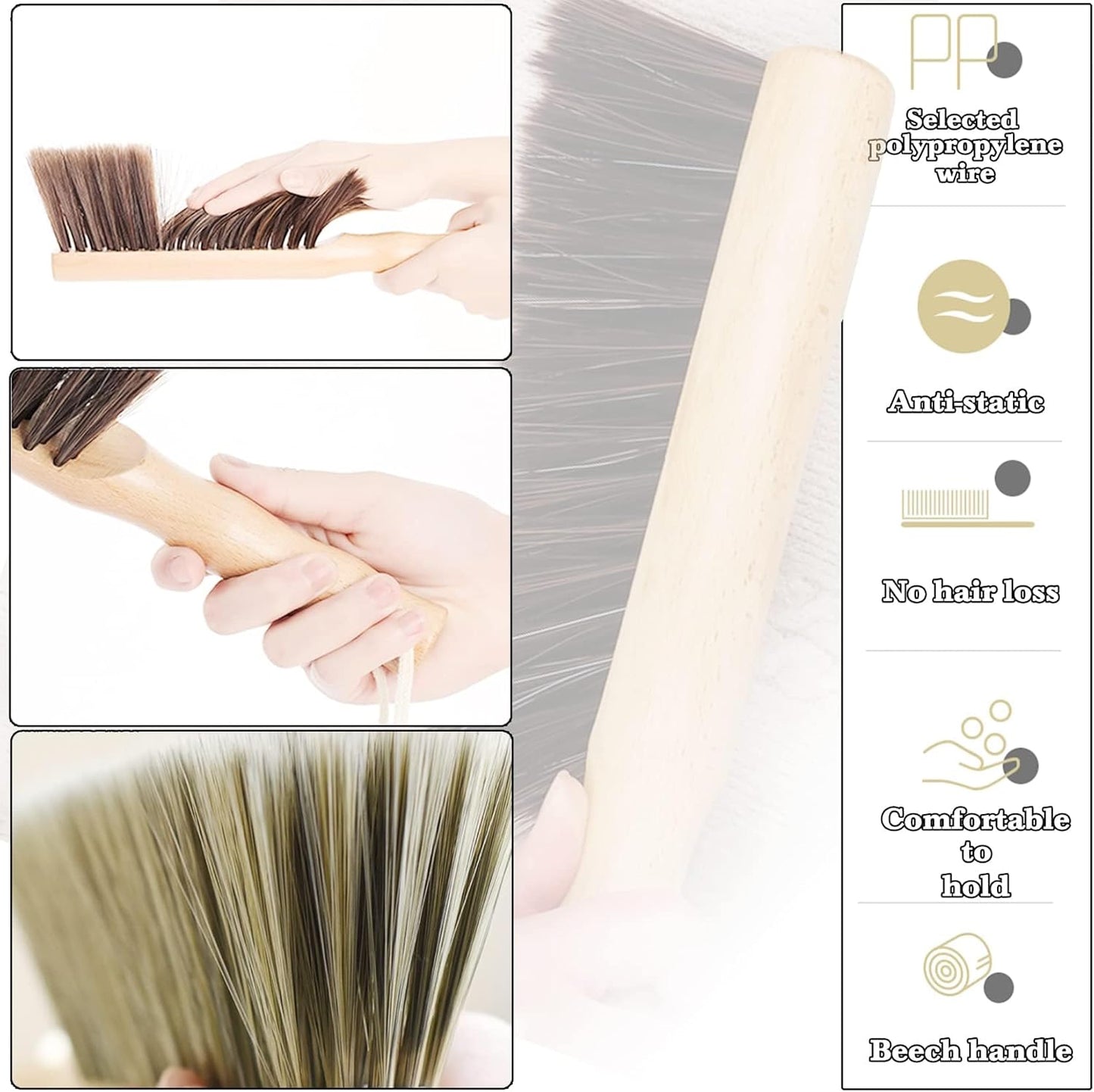 2Pcs Hand Broom Brush Beech Wood,Dust Brush,Duster for Counter,12inch Foxtail Bench Brush, Round Handle Handheld Brushes,5 Rows Soft Bristles for Bed,Shop Table,Woodworking Cleaning,Car,Sofa