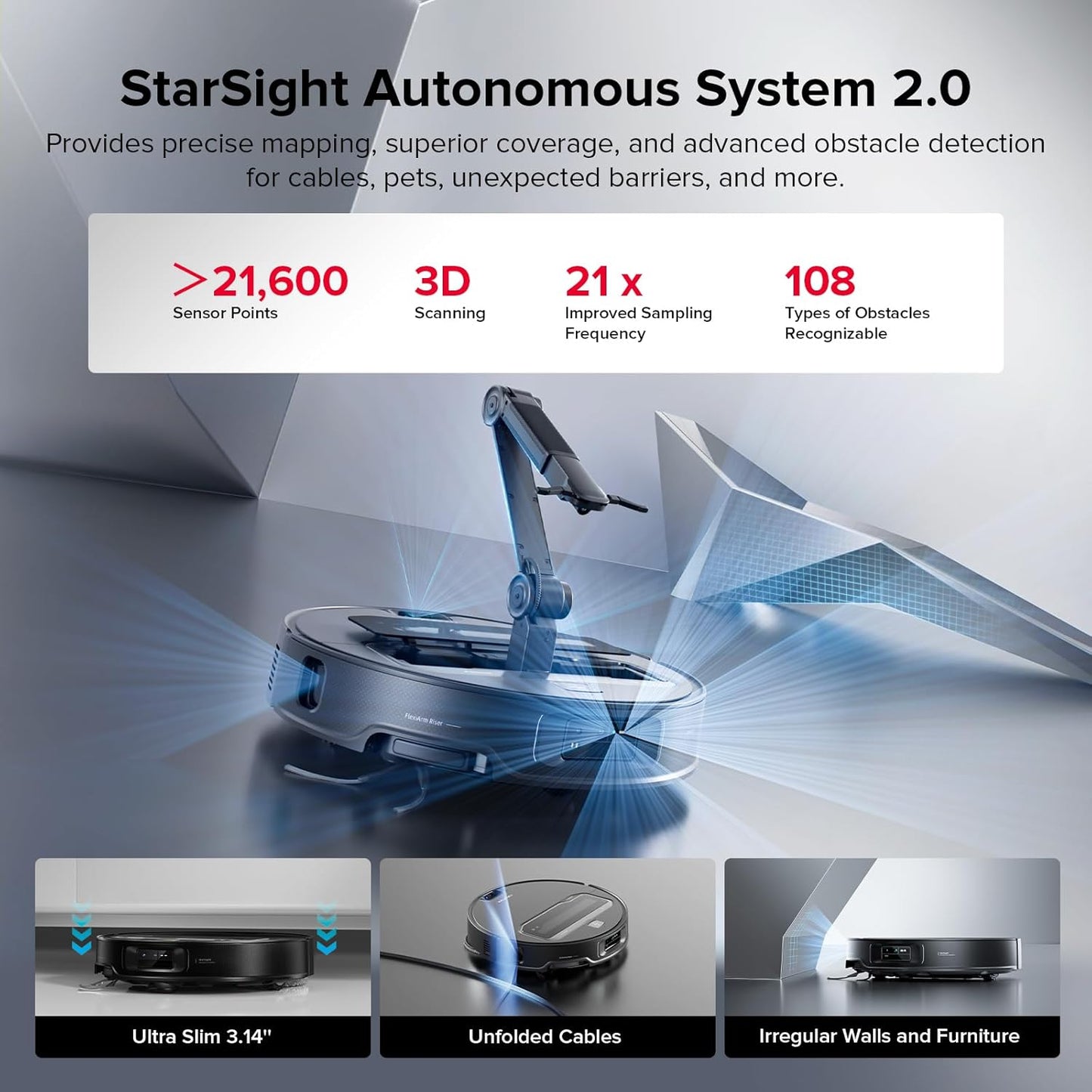 roborock Saros Z70 Robot Vacuum and Mop, OmniGrip Arm, AI-Powered, 22,000Pa Suction, 3.14’’ Ultra Slim, FlexiArm Riser Technology, AdaptiLift Chassis, Obstacle Avoidance, Auto Mop Washing & Drying