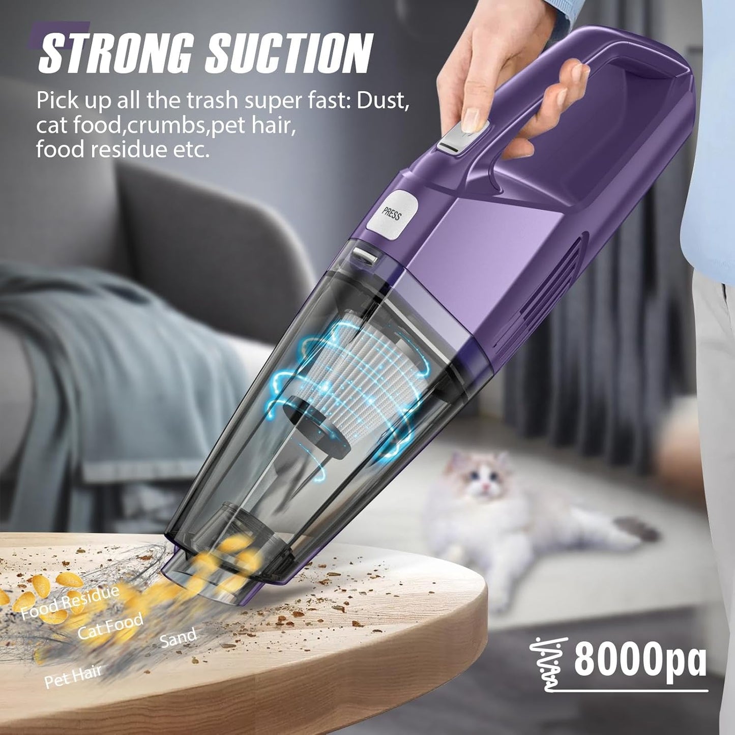 Handheld Vacuum Cordless – Car Vac Portable with 8KPA & Multi Accessories & Low Noise, Lightweight Hand Held Vacuum Cordless Rechargeable for Car/Home/Dust/Pet Hair, Mine Portable Vacuum