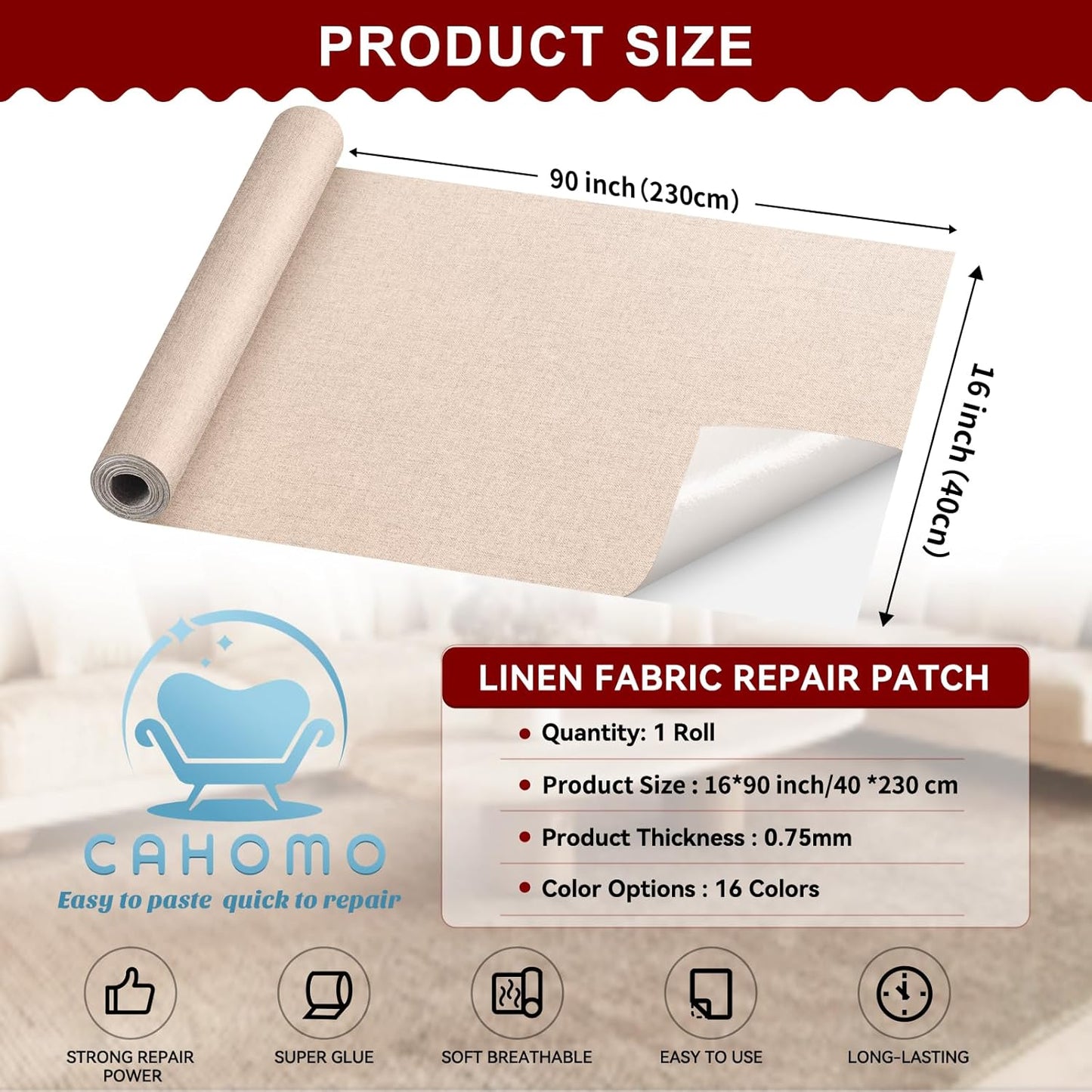 Linen Repair Tape 16x90 inch, Self Adhesive Fabric Patches, Linen Patch Tape Kit, Fabric Repair Tape for Couch Sofas, Headboards, Chairs, Pillows, Curtains, Couches - Medium Grey