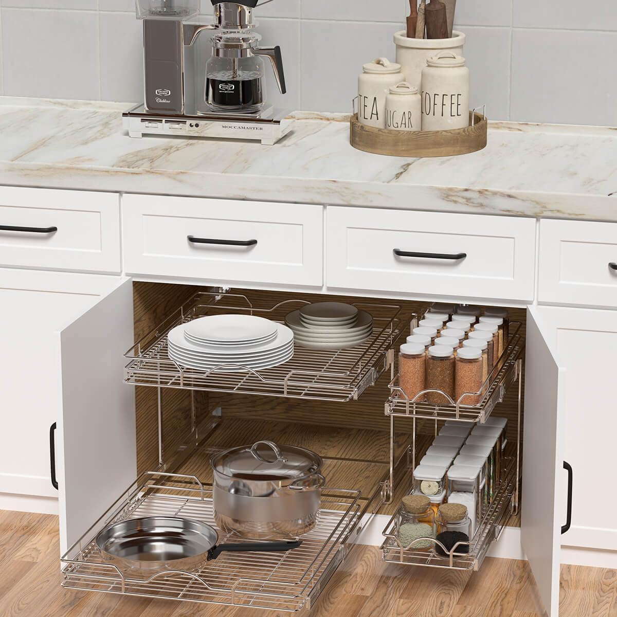 OCG 2 Tier Pull Out Cabinet Organizer (14" W x 21" D), Pull Out Drawers for Kitchen Cabinets, Pull Out Shelves for Base Cabinet Organization in Kitchen Bathroom Pantry, Chrome Finish
