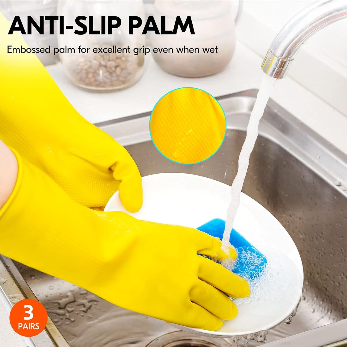 Vgo... 3-Pairs Reusable Household Gloves, Rubber Dishwashing gloves, Extra Thickness, Long Sleeves, Kitchen Cleaning, Working, Painting, Gardening, Pet Care (Size XL, Yellow, HH4601)
