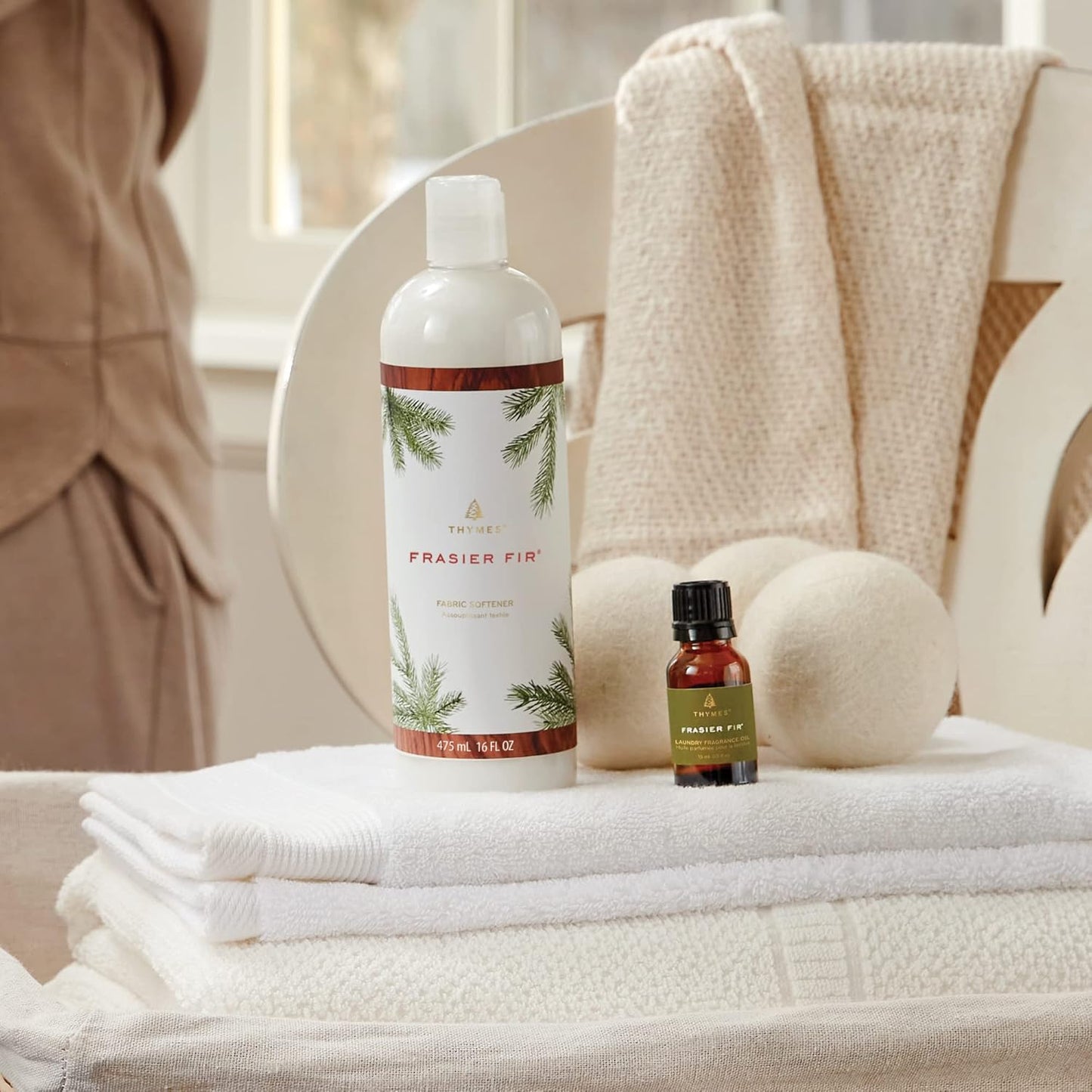 Thymes Wool Dryer Balls Set – Includes 3 Wool Laundry Balls + 1 Scented Laundry Fragrance Oil for Dryer – Eliminate Wrinkles, Static & Lint (Frasier Fir, 0.5 fl oz)