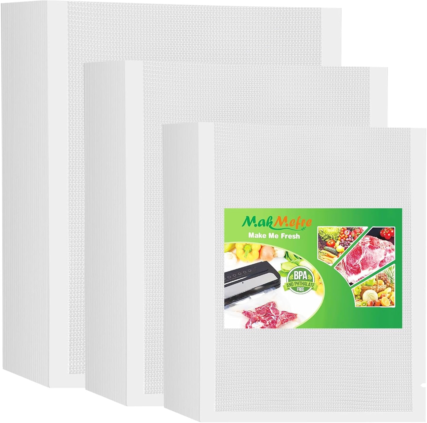 MakMeFre 300 Bags 100 of Each Size Gallon 11"x16" and Quart 8"x12" and Pint 6"x10" BPA Free Sous Vide Seal a Meal Commercial Grade Vacuum Seal PreCut Combo Pack Bag
