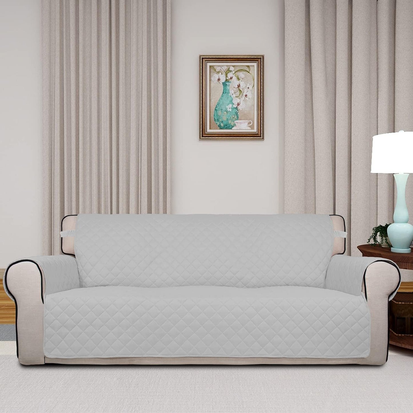 PureFit Reversible Quilted Sofa Cover, Water Resistant Slipcover Furniture Protector, Washable Couch Cover with Non Slip Foam and Elastic Straps for Kids, Pets (Sofa,Light Gray/Ivory) Large