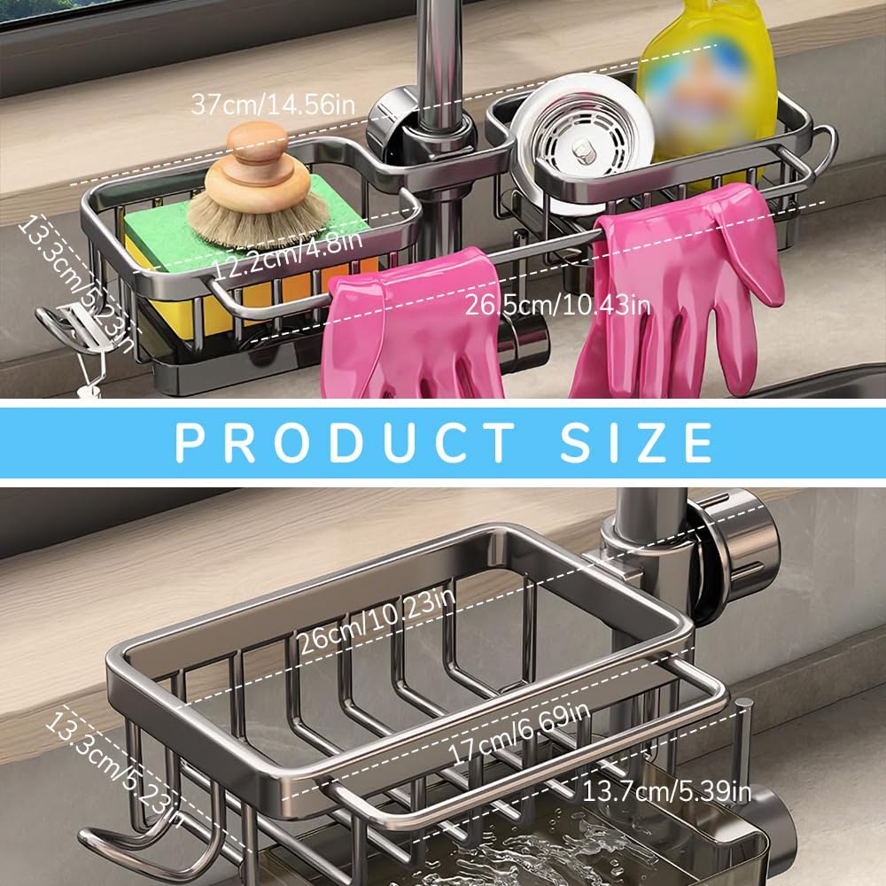 Sink Organizer Rack for Kitchen and Bathroom, 2024 New Kitchen Sink Faucet Organizer with Drip Tray Faucet Sponge Holder (Grey, Left)