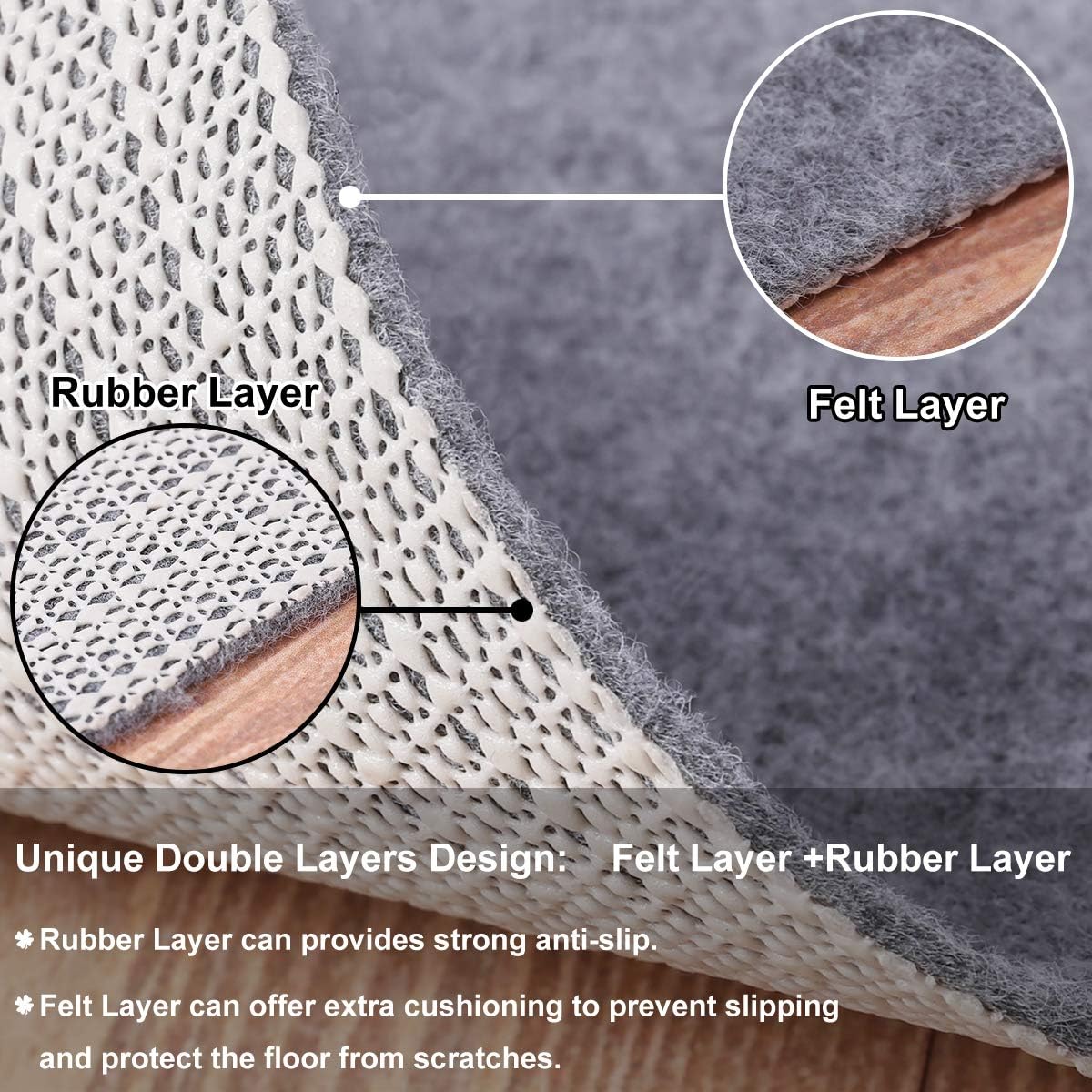 Non Slip Rug Pad Grippers - 3x5, 1/8" Thick, (Felt + Rubber) Double Layers Area Carpet Mat Tap, Provides Protection and Cushioning for Hardwood or Tile Floors