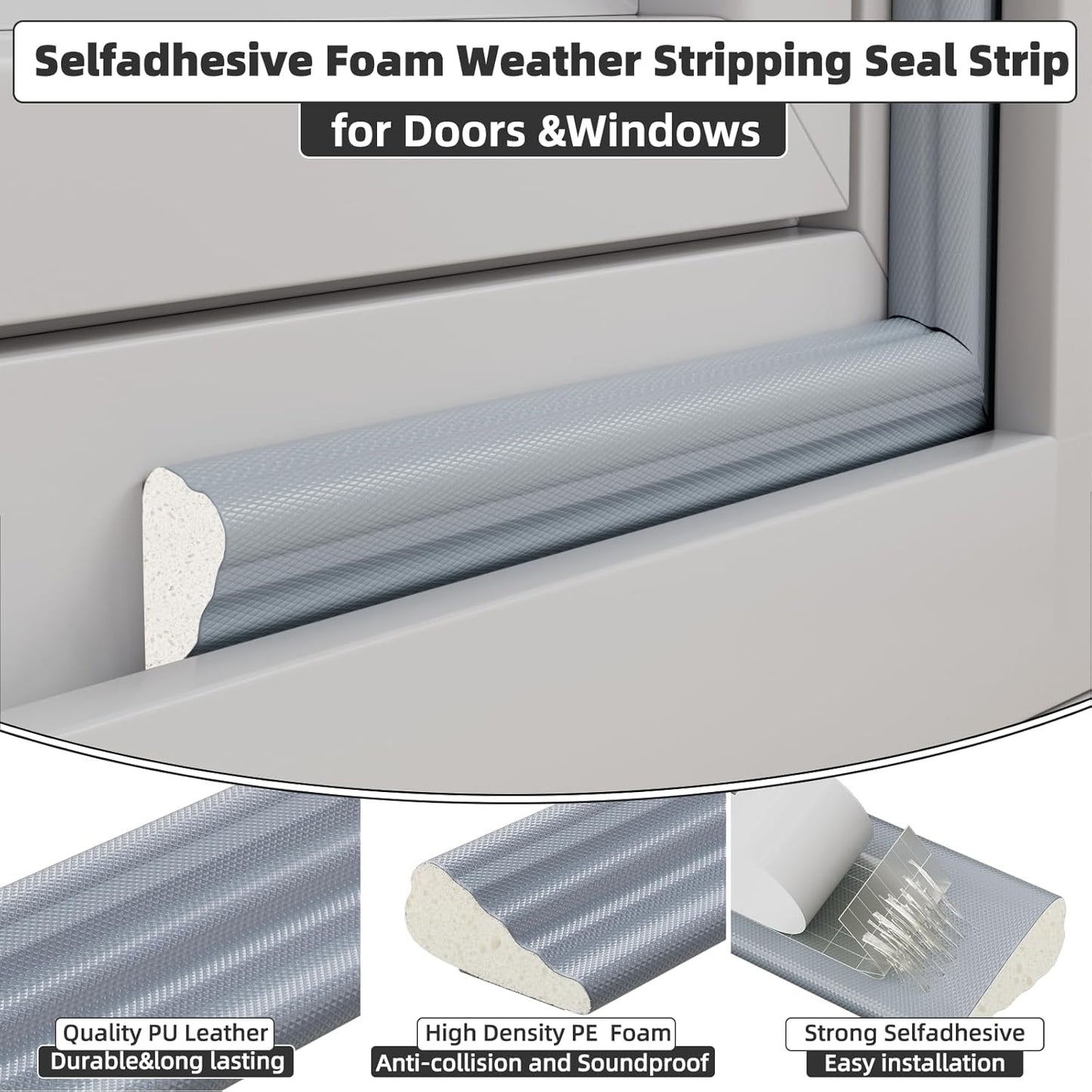 2 Pack*16.4 Ft Weather Stripping Seal Strip for Doors,Soundproofing Window Insulation Draft Stopper for Winter, Selfadhesive Foam Weather Strip for Door Frame,Door Gap Filler Noise Blocker(Gray)