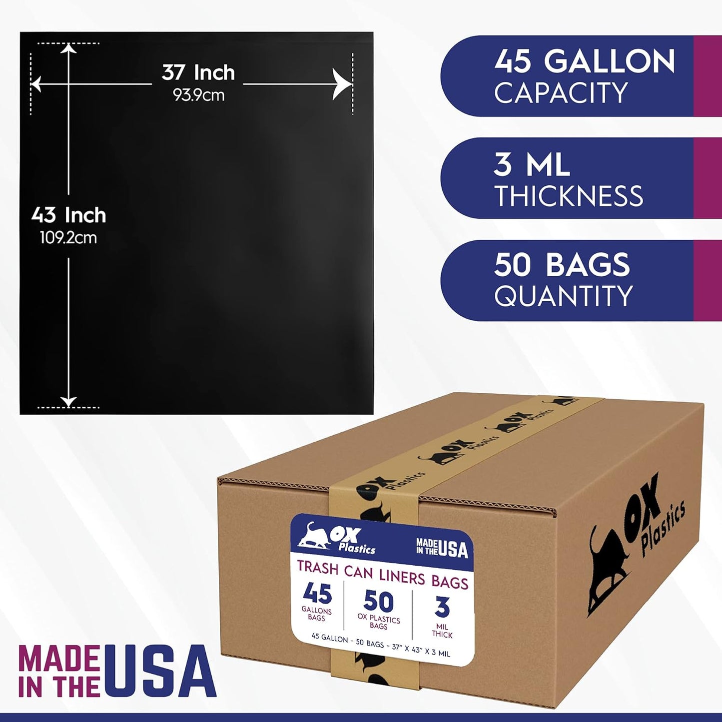 OX Plastics Black Trash Bags - Heavy Duty Garbage Bags, Extra Thick Unscented Large Trash Can Liners for Home, Outdoor, and Commercial Use - 42 Gallon, 50 Count