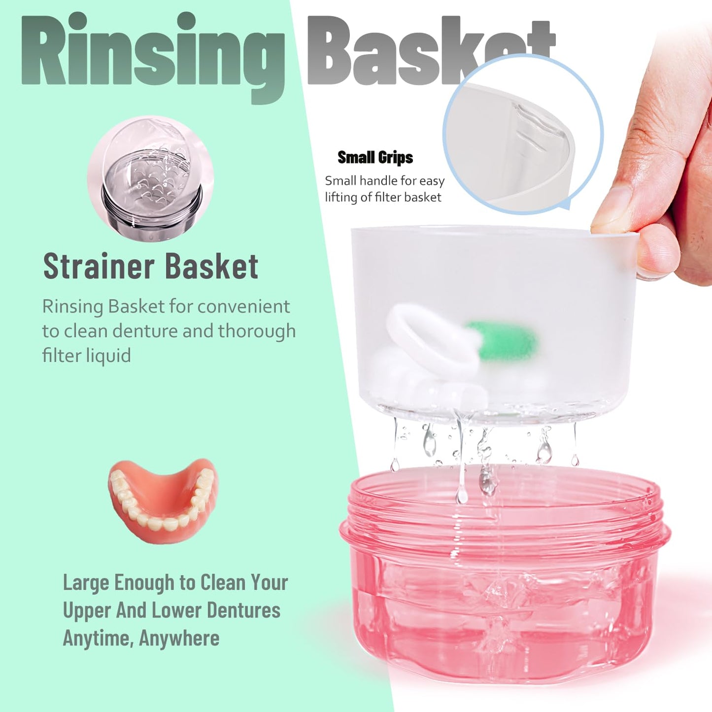 No Leak & Non-Slip Partial Denture Case Retainer Bath Box Cup, Denture Soaking Cup False Teeth Holder Box Case with Strainer Basket and Brush,Dishwasher safe - Transparent Pink