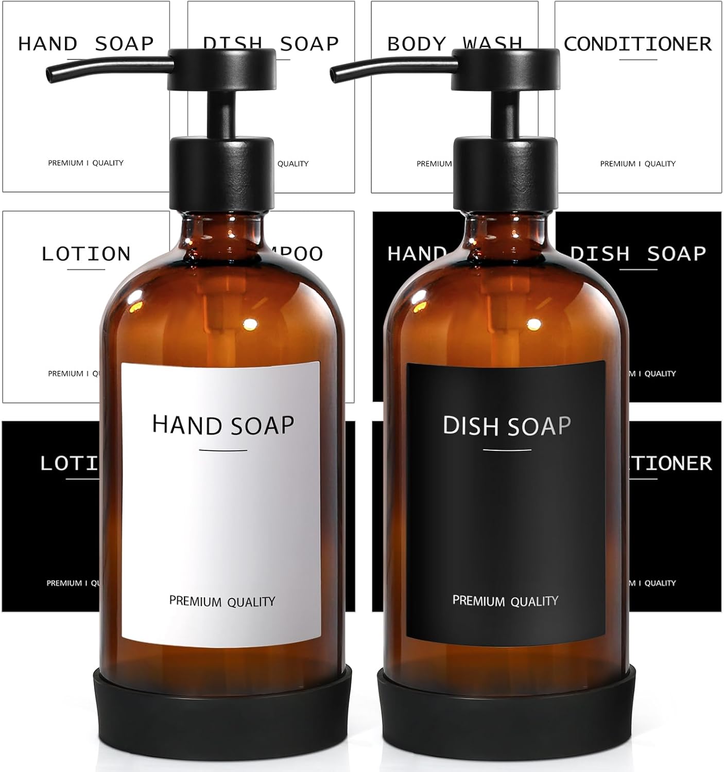 Amber Glass Soap Dispenser 2 Pack, Hand Soap Dispenser Bathroom with Stainless Steel Pump, 16.9 Fl oz Hand and Dish Soap Dispensers Set Kitchen, Modern Brown Soap Lotion Dispensers Bottle