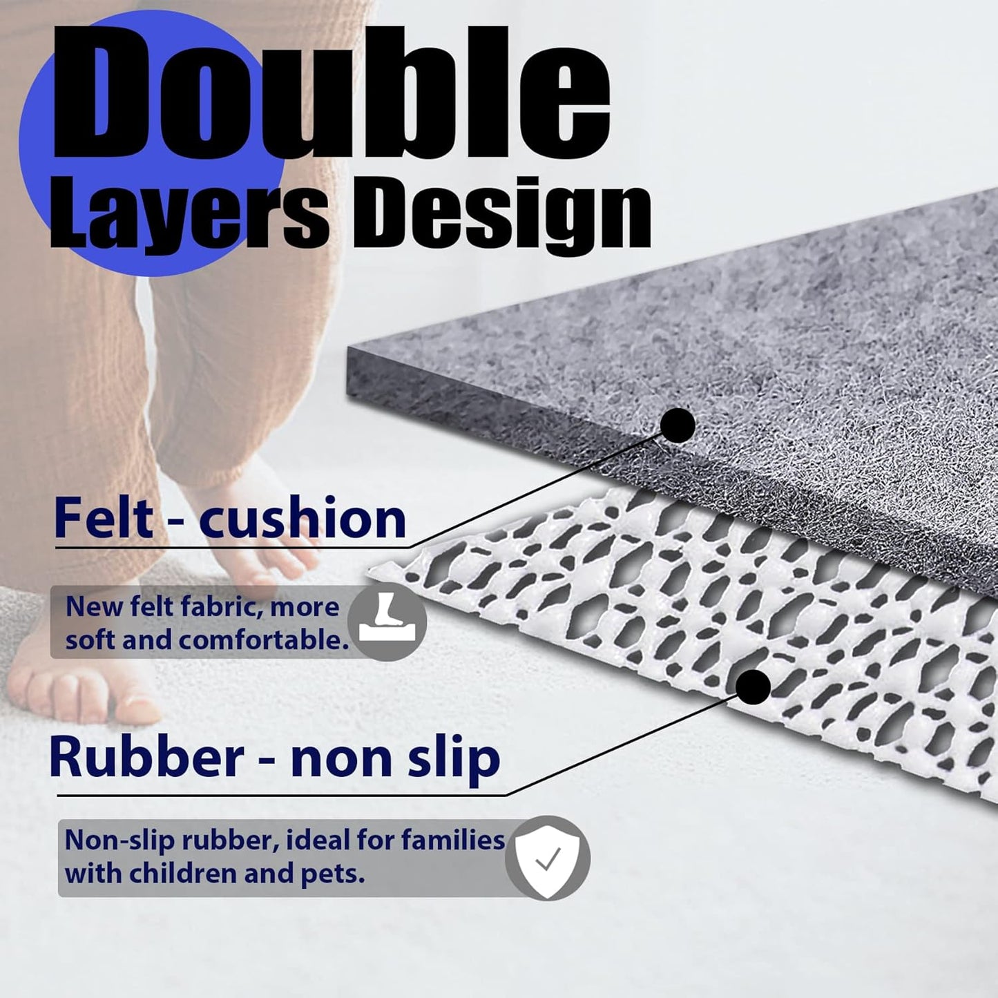 Non Slip Rug Pad Grippers - 8x10, 1/4" Thick, Felt + Rubber Double Layers Area Carpet Mat Tap, Provides Protection and Cushioning for Hardwood or Tile Floors