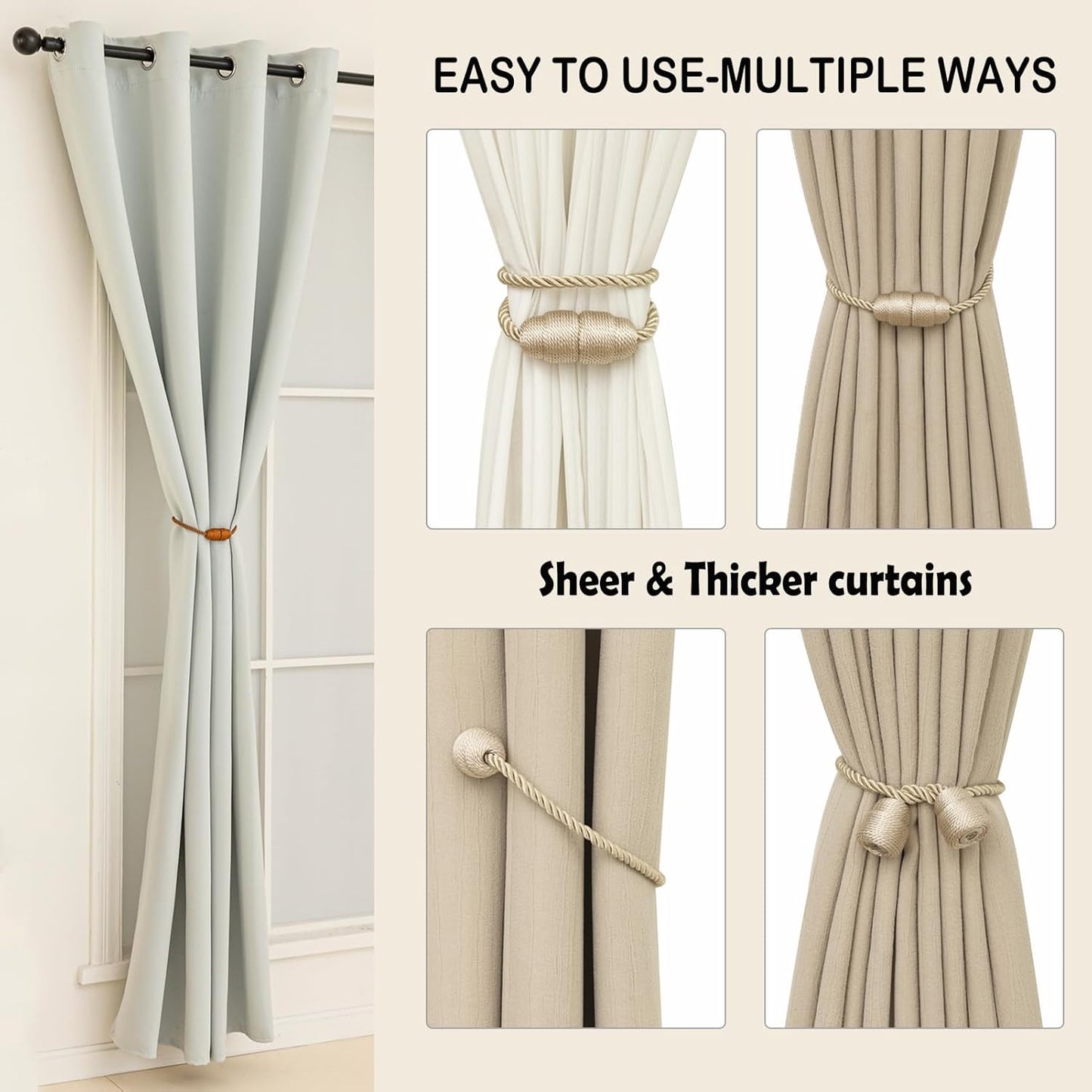 Magnetic Curtain Tiebacks - Rope Tiebacks for Curtains & Drapes, Decorative Window Holdbacks (2 Pack, Beige)