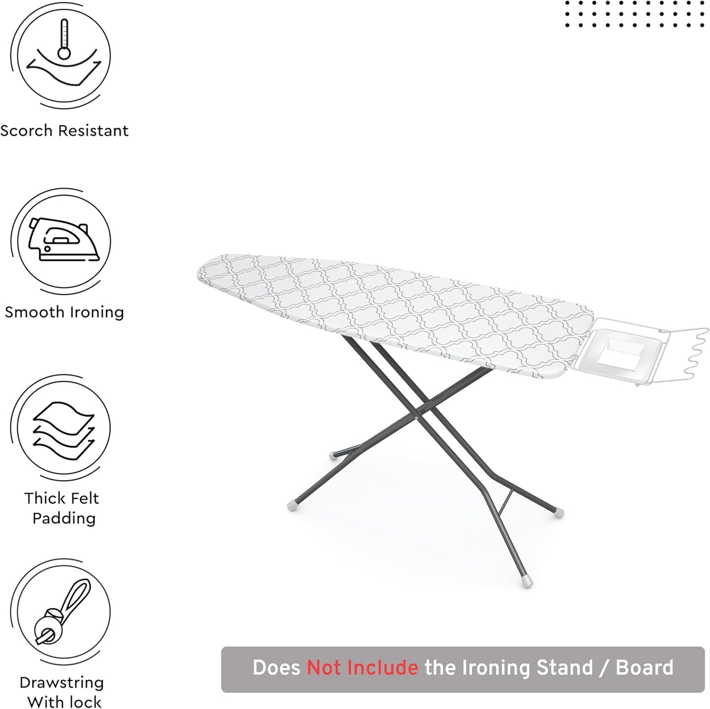 Encasa XO Ironing Board Cover and Pad 49"x18" - Thick 3mm Felt Padding, Drawstring Tightening & Lock, Easy Fit, Scorch & Stain Resistant, Fits Wide Ironing Board - White Tiles