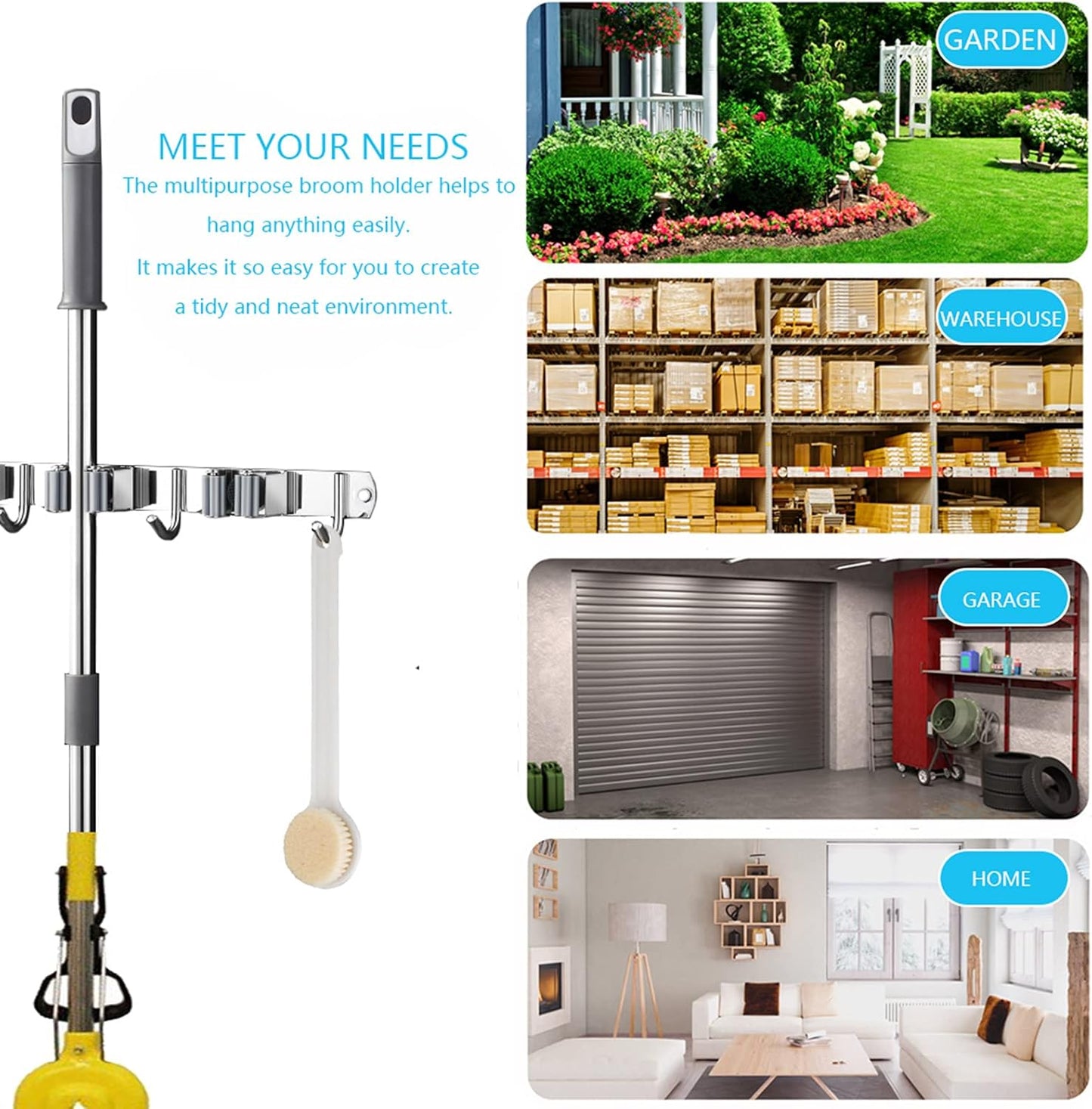2 Pcs Mop Broom Holder Wall Mounted, Dustpan Holders, Stainless Steel Mop Hangers Organizer, Broom Rack, Utility Hook for Hanging Brooms and Mops(3 Racks 4 Hooks and 2 Racks 3 Hooks)