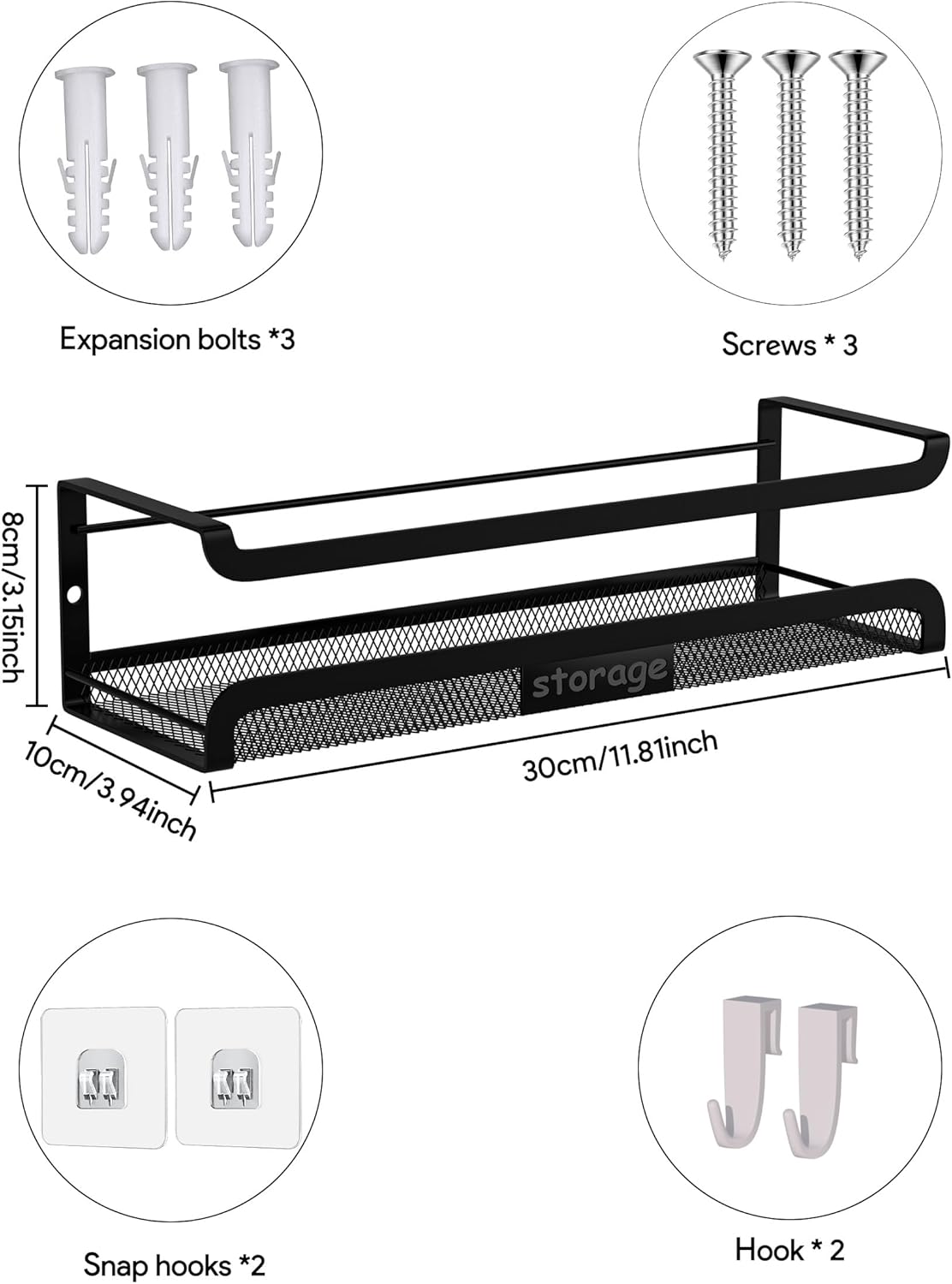 Spice Rack Wall Mount with Hooks - Spice Racks Organizer for Cabinet Storage, Wall Mounted Hanging Shelf Seasoning Organizer, for Kitchen, Pantry Door, Bathroom (Black, 2 Pack)
