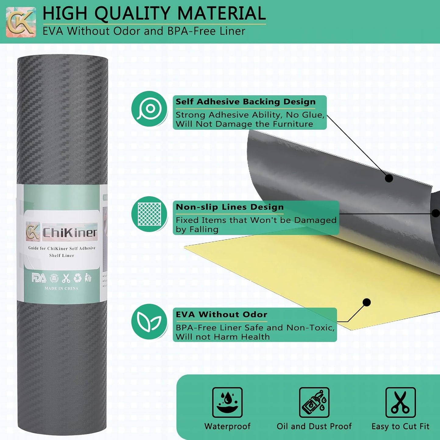 Self-Adhesive Shelf Liner Kitchen Liner, Waterproof Backed Paper Easy Peel and Stick Contact Liner Without Residue for Decor Your Desk Surface, Kitchen Countertops (Silver, 11.8 x 236.2 inches)