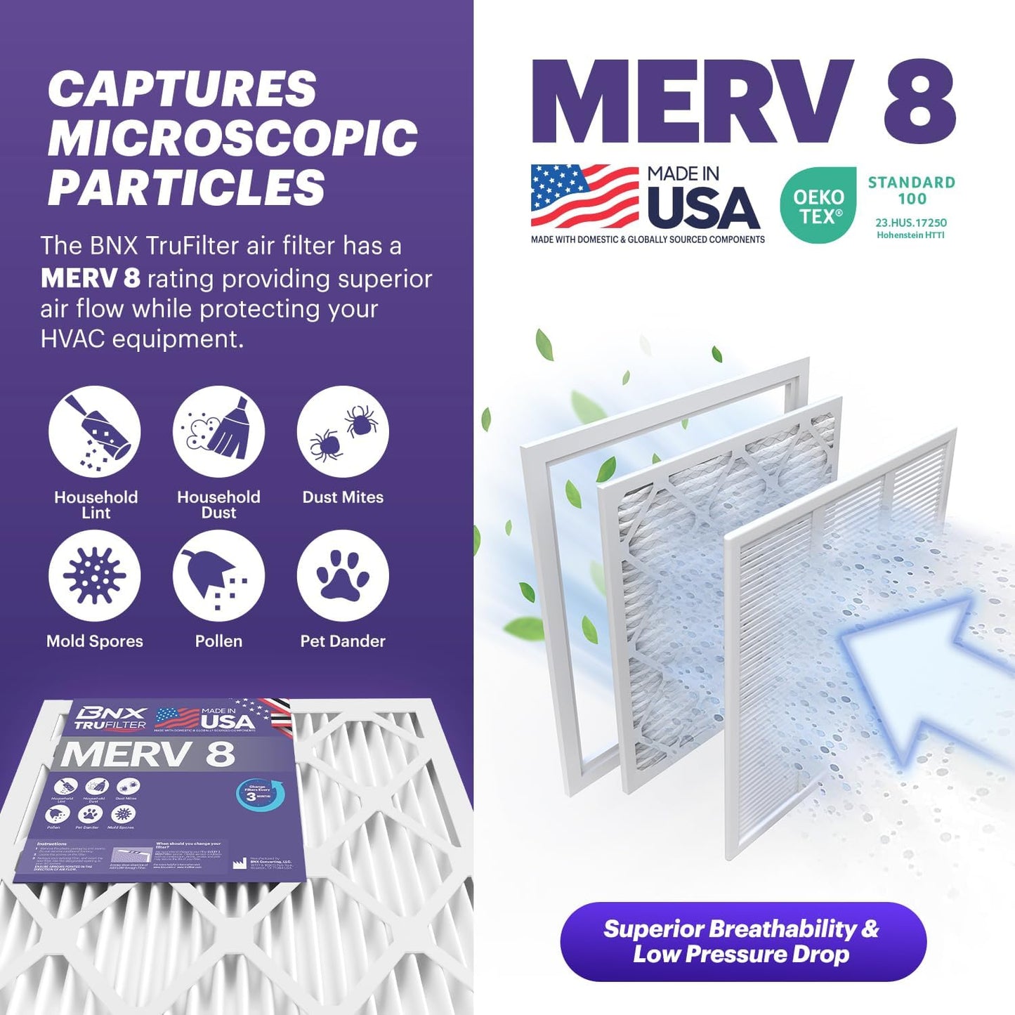BNX TruFilter 16x16x1 Air Filter MERV 8 (6-Pack) - MADE IN USA – Dust & Pet Defense Air Conditioner HVAC AC Furnace Filters for Dust, Pet, Mold, Pollen MPR 600 – 700 & FPR 5