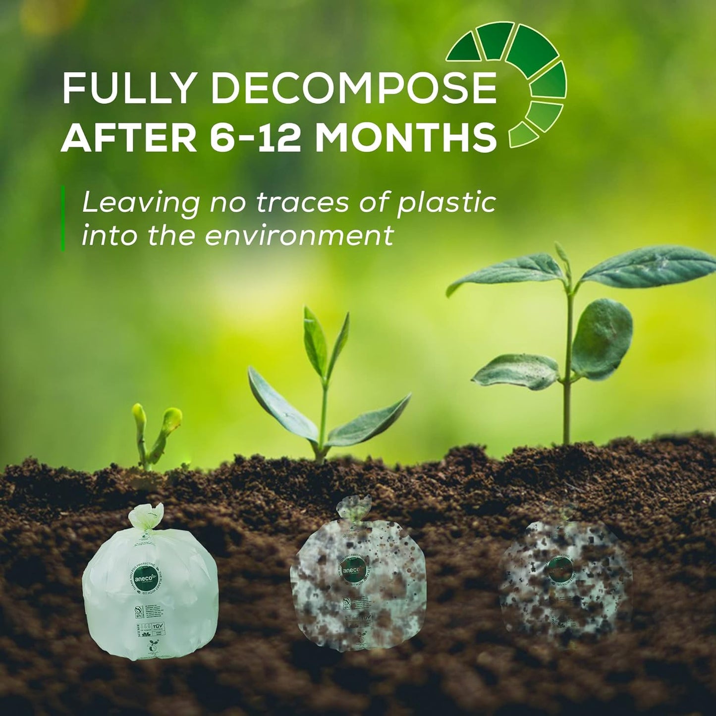 ANECO 100% Compostable Waste Bags 2.6 Gallon (Flat Top Bags, 50 Count) Extra Strong Kitchen Small Compost Bags for Countertop Bin (BPI & OK Compost HOME Certified)