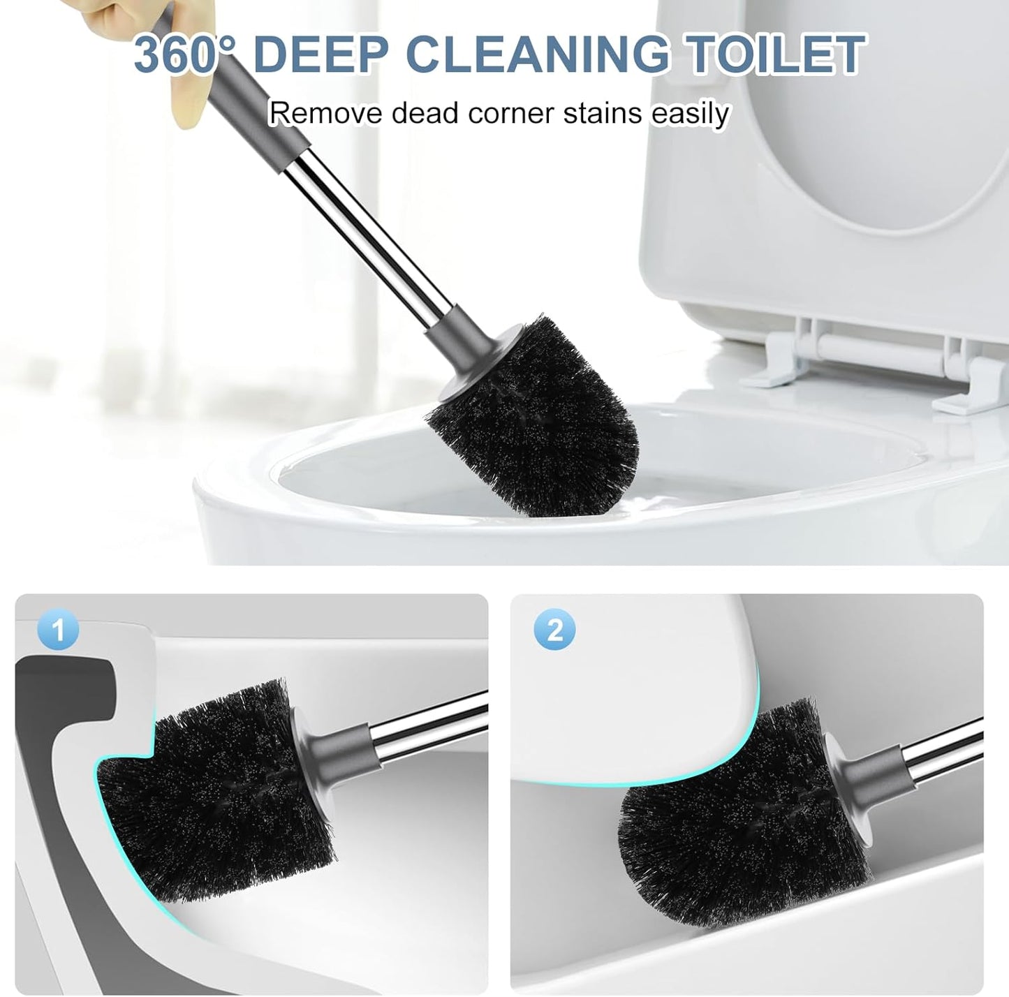 SetSail Toilet Brush and Holder 4 Pack, Self Closing Lid Toilet Bowl Brushes Holder Extra Long Handle Ventilated Toilet Brush Set for Bathroom Cleaning, Nylon Bristles, Grey
