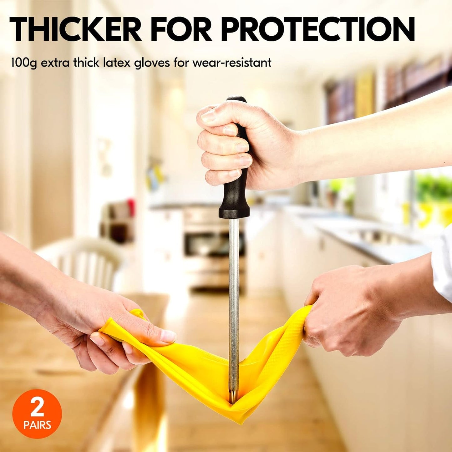 Vgo... 2-Pairs Reusable Household Gloves, Rubber Dishwashing gloves, Extra Thickness, Long Sleeves, Kitchen Cleaning, Working, Painting, Gardening, Pet Care (Size L, Yellow, HH4601)