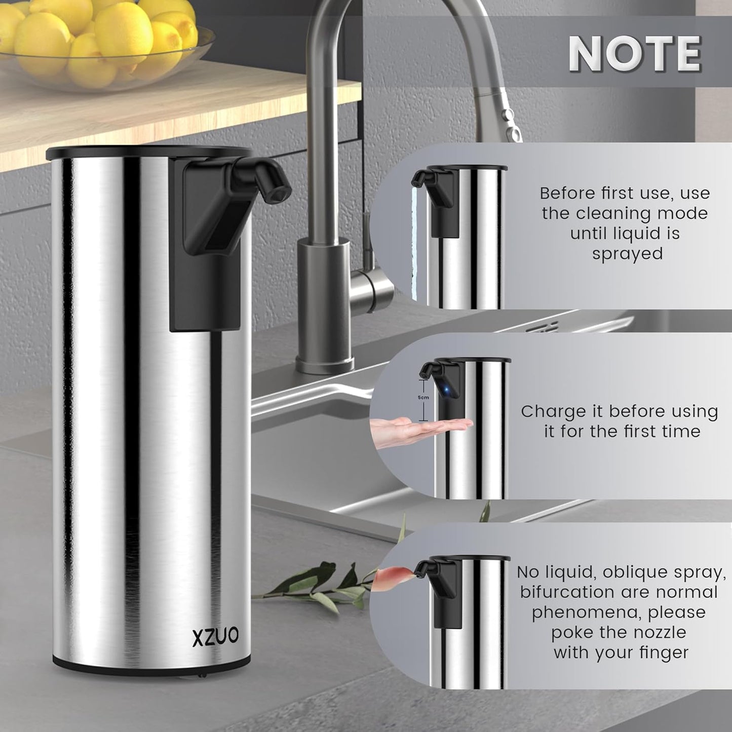 Automatic Soap Dispenser Touchless 11.8oz/350ml Four-Level Adjustable Dispenser Volume，Stainless Steel Material,Battery Powered for Wide Compatibility in Kitchen, Bathroom, Hotel & Office