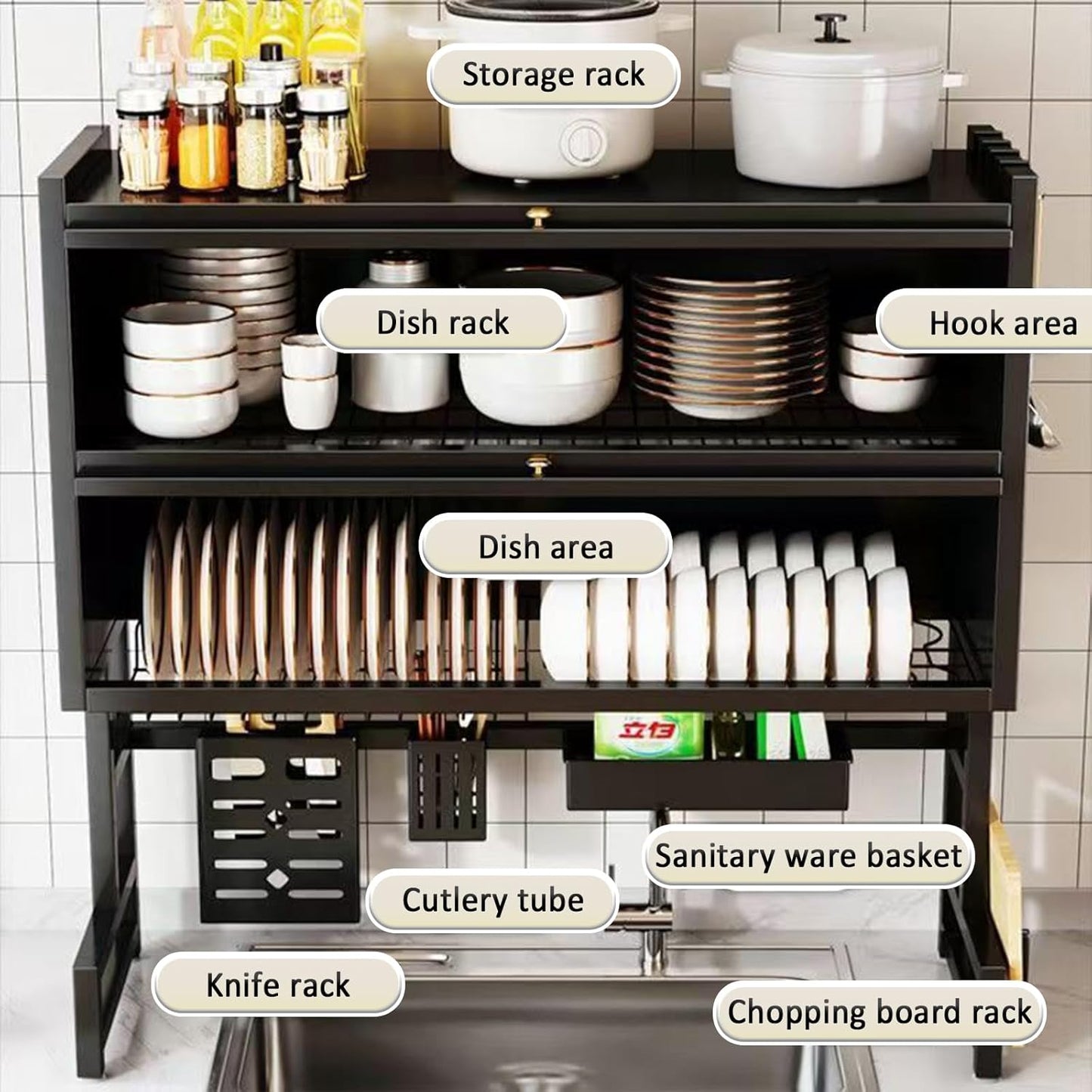 Dish Drying Rack 4 Tiers with Cover, Keep Kitchen Sink Shlef Organized Space-Saving Dish Drying Rack, for Dishes, Glasses, Bowls, Cutlery (black, W-29.5)