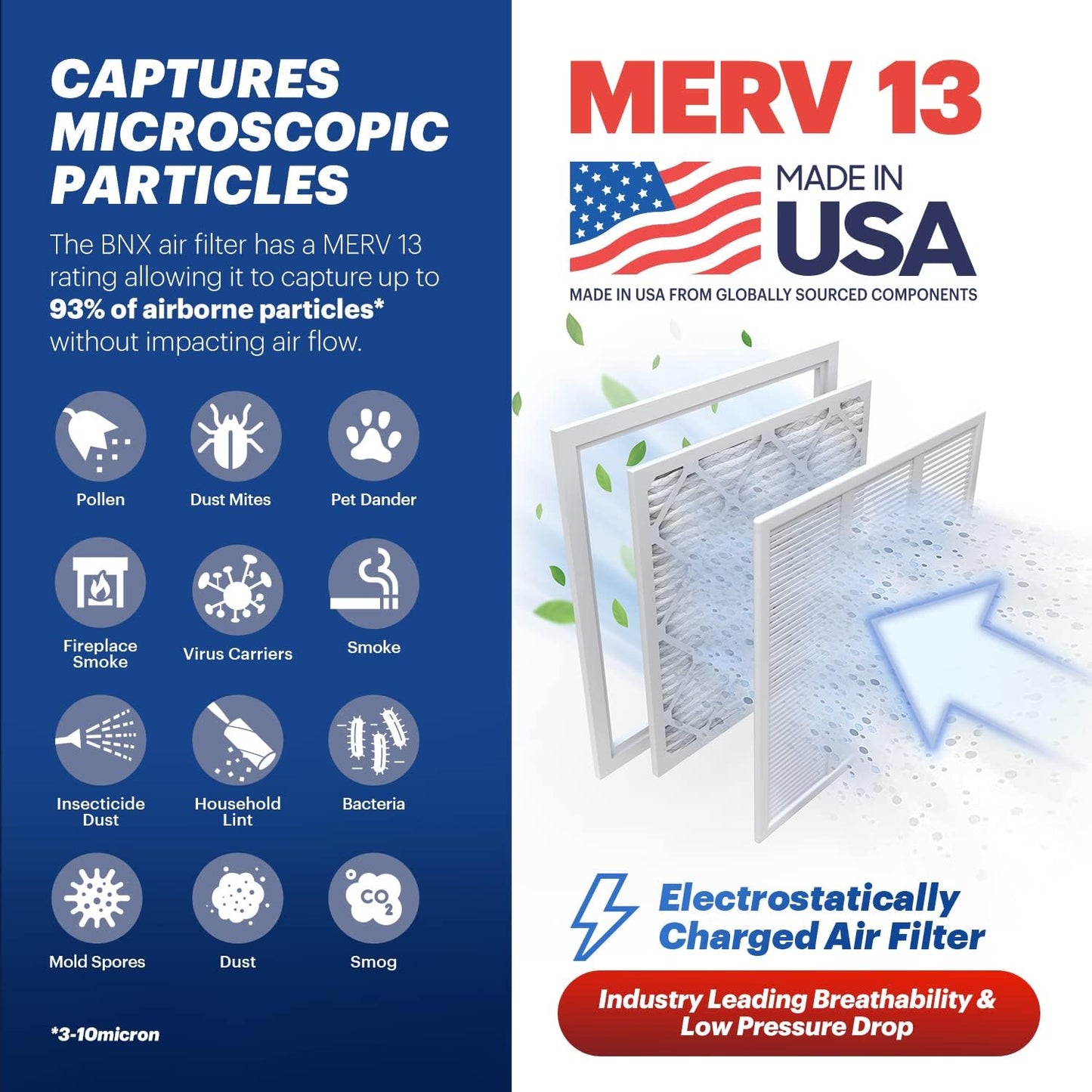 BNX TruFilter 12x12x1 Air Filter MERV 13 (6-Pack) - MADE IN USA - Electrostatic Pleated Air Conditioner HVAC AC Furnace Filters for Allergies, Pollen, Mold, Bacteria, Smoke, Allergen, MPR 1900 FPR 10