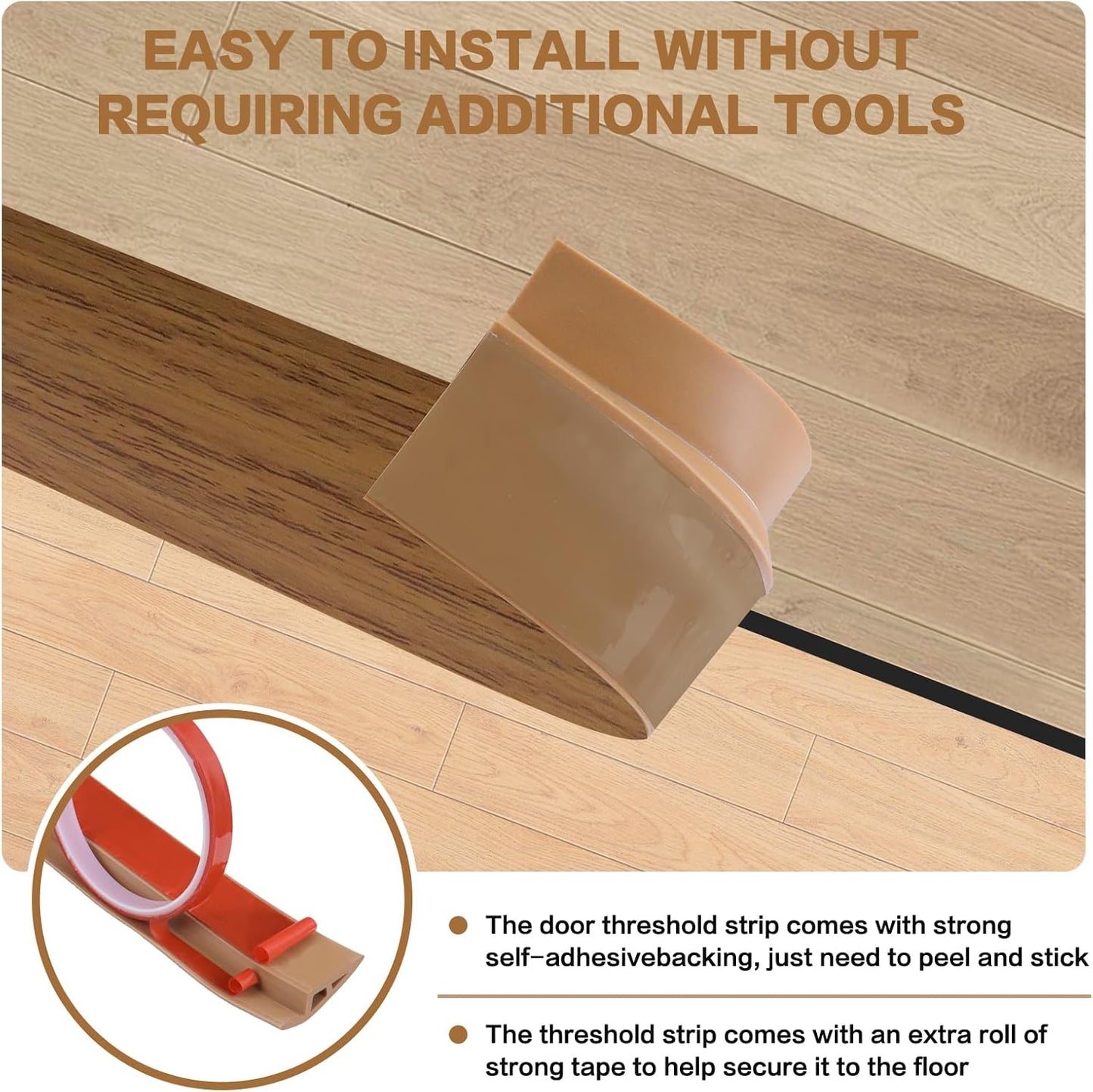Floor Transition Strip Vinyl Door Threshold Ramp Self Adhesive Carpet Edging Strip Doorway Edge Trim, Overlap Edge Reducer for Laminate Carpet, Floor, Tile (Orange Oak, 1/5" to 2/5", 10Ft)