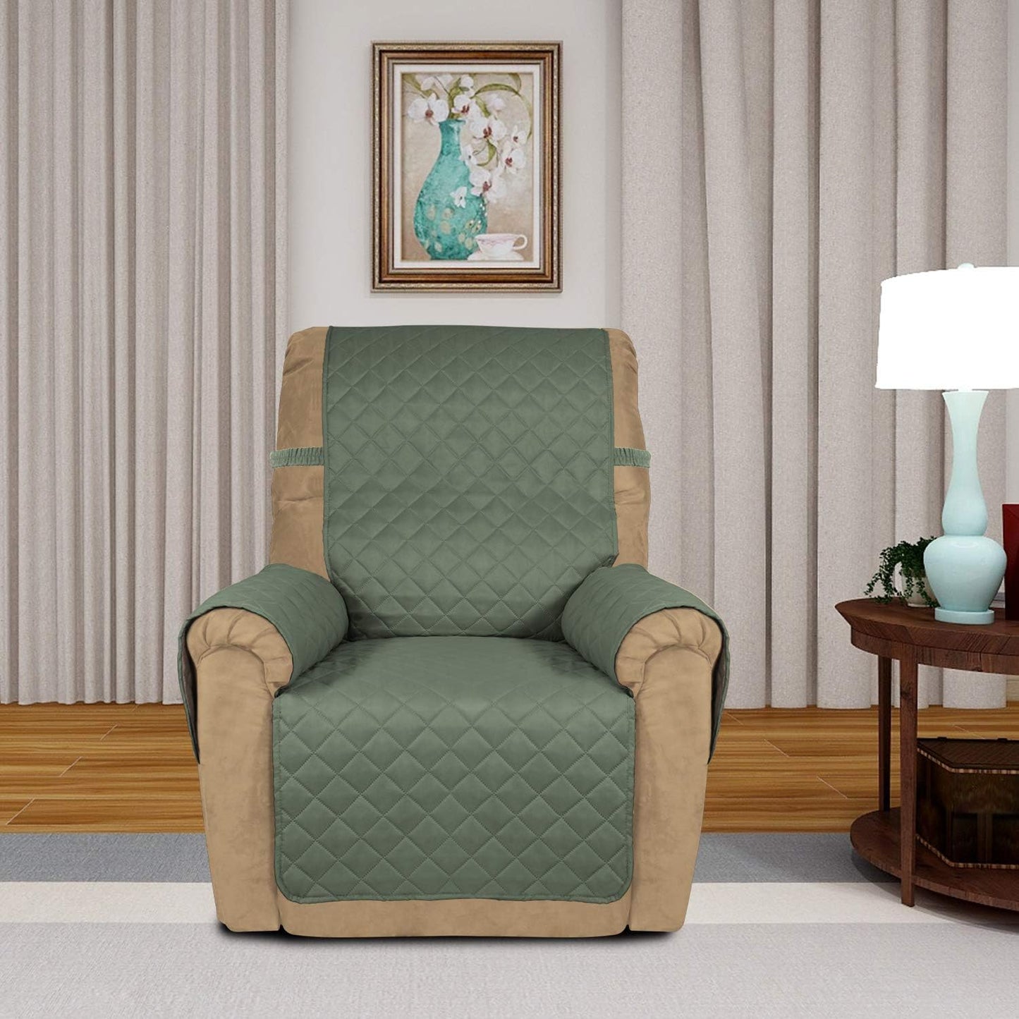 PureFit Reversible Quilted Recliner Sofa Cover, Water Resistant Slipcover Furniture Protector, Washable Couch Cover with Elastic Straps for Kids, Dogs, Pets (Small, Greyish Green/Beige)