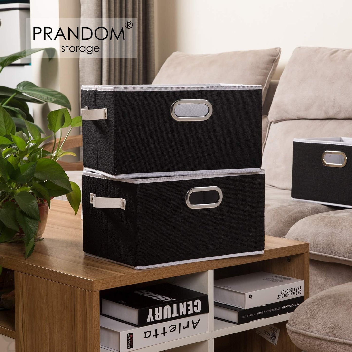 PRANDOM Larger Collapsible Storage Bins for Closet [3-pack] Decorative Linen Fabric Storage Baskets Cubes with Leather/Metal Handles for Living Room Black (17.3x12.2x10.4 Inch)