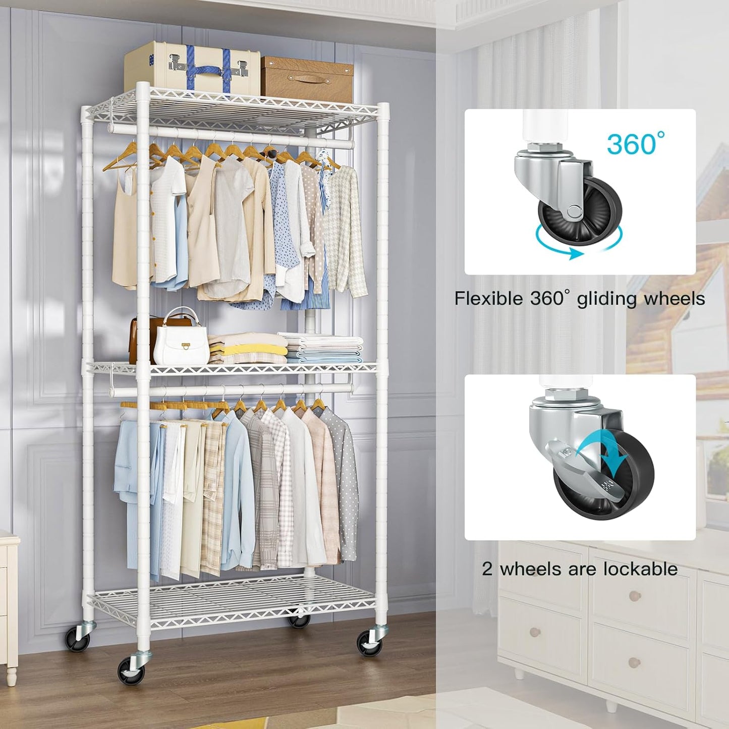 FUTASSI P1 Medium Heavy-Duty Portable Closet, 30" W x 14" D x 76" H, Metal Rolling Clothing Rack, White