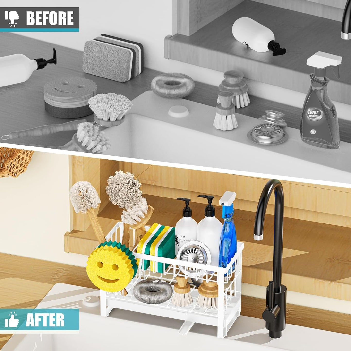 Sponge Holder for Kitchen Sink with Flexible Sink Caddy Smiley Face,2 Tier Kitchen Sponge Holder Countertop and Storage Essentials,Soap Dispenser Organize,Home Decor Accessories-White