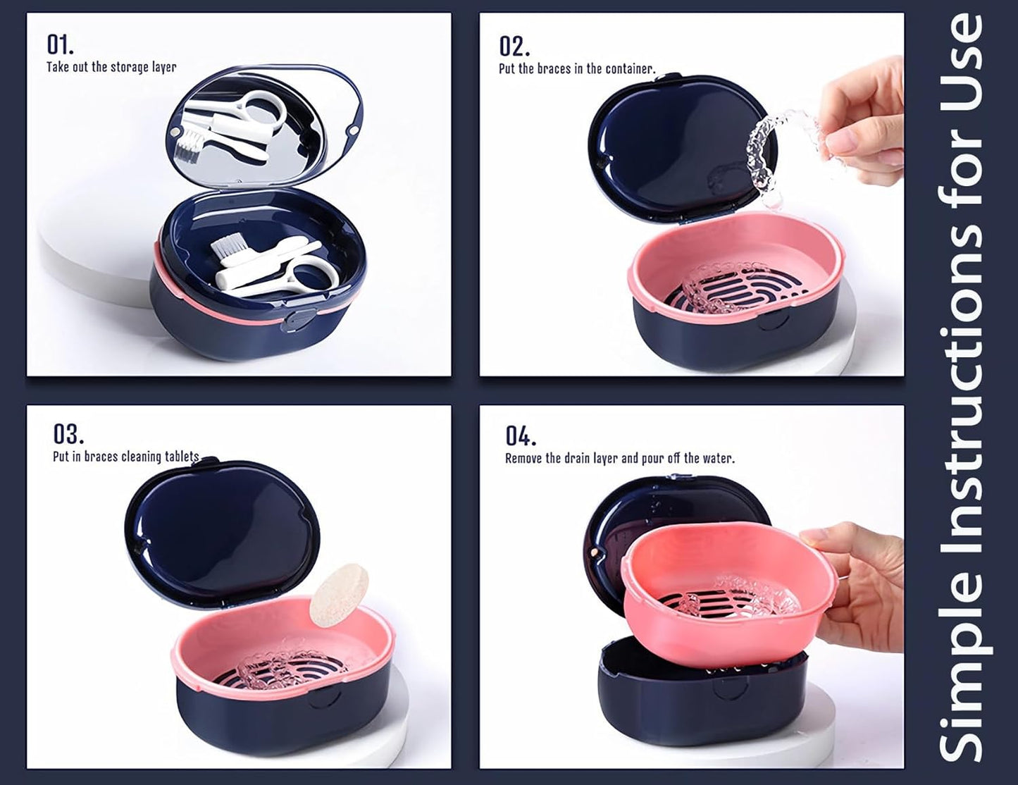 MURRI&MURRDI Retainer Case, Denture Bath Box with Strainer Basket, Mouth Guard Case, Braces Cleaner Cup, Cute Denture Holder Retainer Storage Soak Container for Travel (D Dark Blue)