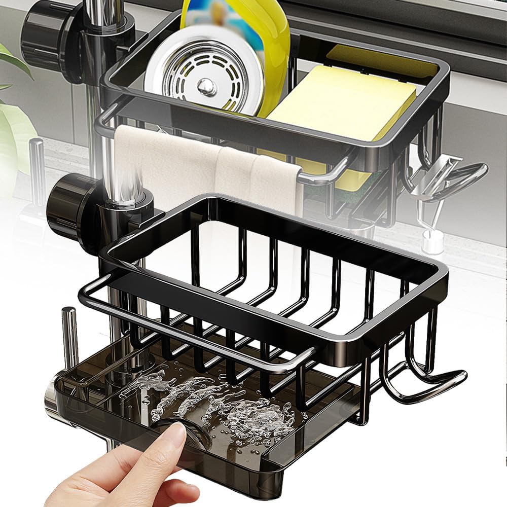 Sink Organizer Rack for Kitchen and Bathroom, 2024 New Kitchen Sink Faucet Organizer with Drip Tray Faucet Sponge Holder (Black, Right)