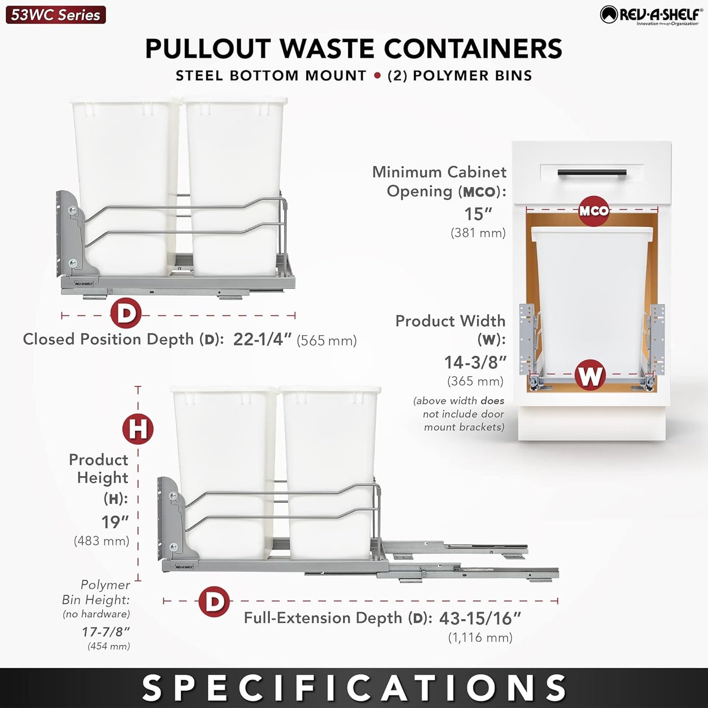 Rev-A-Shelf Double Pullout Trash Cans for Under Kitchen Cabinets 35 Quart 8.75 Gallon with Soft-Close Slides, Metallic Silver, 53WC-1835SCDM-217
