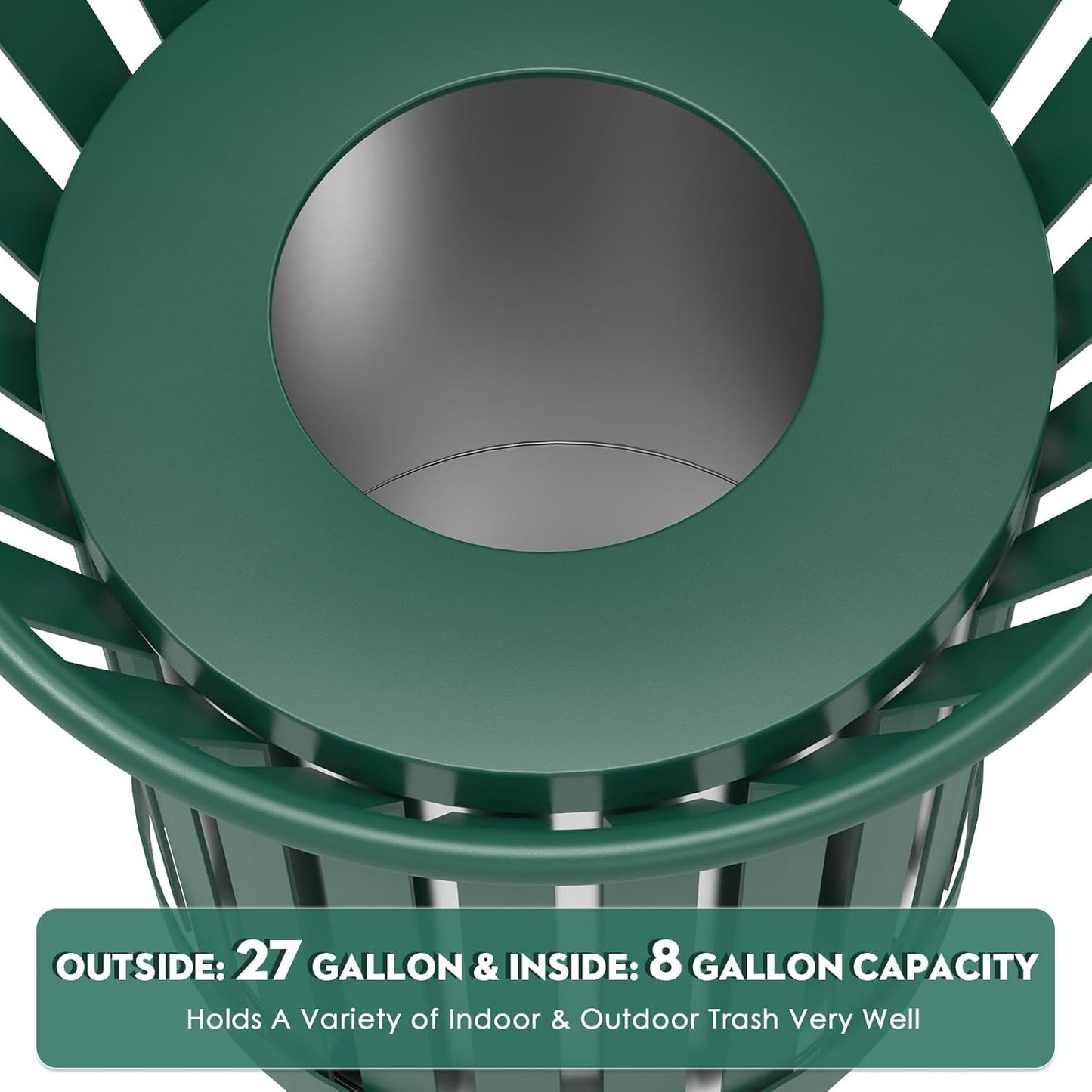 25.2IN Round Large Outdoor Trash Can, Heavy Duty Metal Slatted Garbage Can Outdoor, All Weather Resistant Commercial Garbage Cans, Waste Receptacle in Park, Beach, Patio, Green