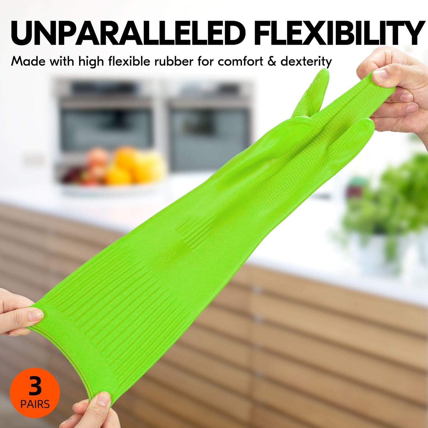 Vgo... 3-Pairs Dishwashing Gloves - Reusable Household, Kitchen, Long Sleeve, Thick Latex, Cleaning, Washing, Working, Painting, Gardening, Pet Care (Size S, Green, RB2143)