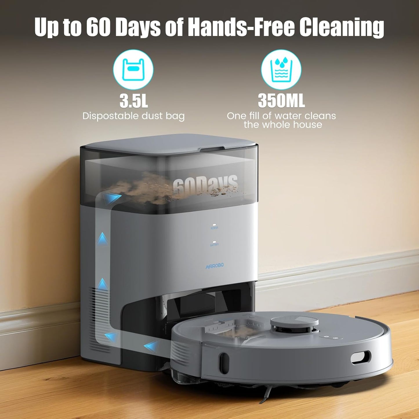 AIRROBO T25+ Robot Vacuum and Mop Combo, 5500Pa Suction, Pet Area Smart Boost, Carpet Detection, Tangle-Free Brush, LDS Mapping, APP Control, 3.5L Self-Empty Bin for Hard Floors, Carpets, Pet Hair