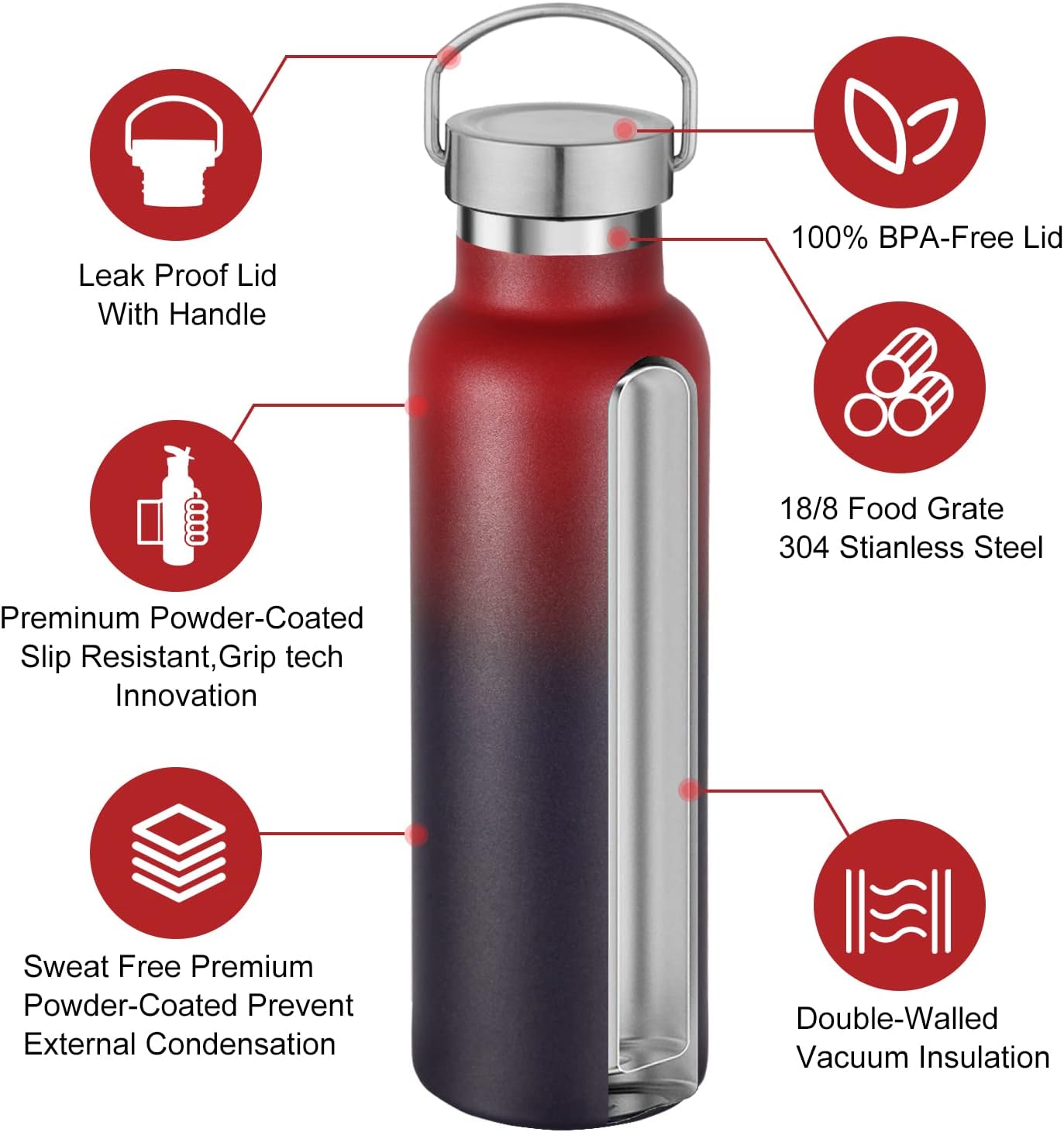 Neihepal 20 oz Insulated Water Bottles Bulk 2 Pack,Stainless Steel Double Wall Sport Bottle with Lid of Handle,Metal Reusable Thermoses Flask for School,Cyclists,Hikers,Gift (Dark Rainbow,Set of 2)